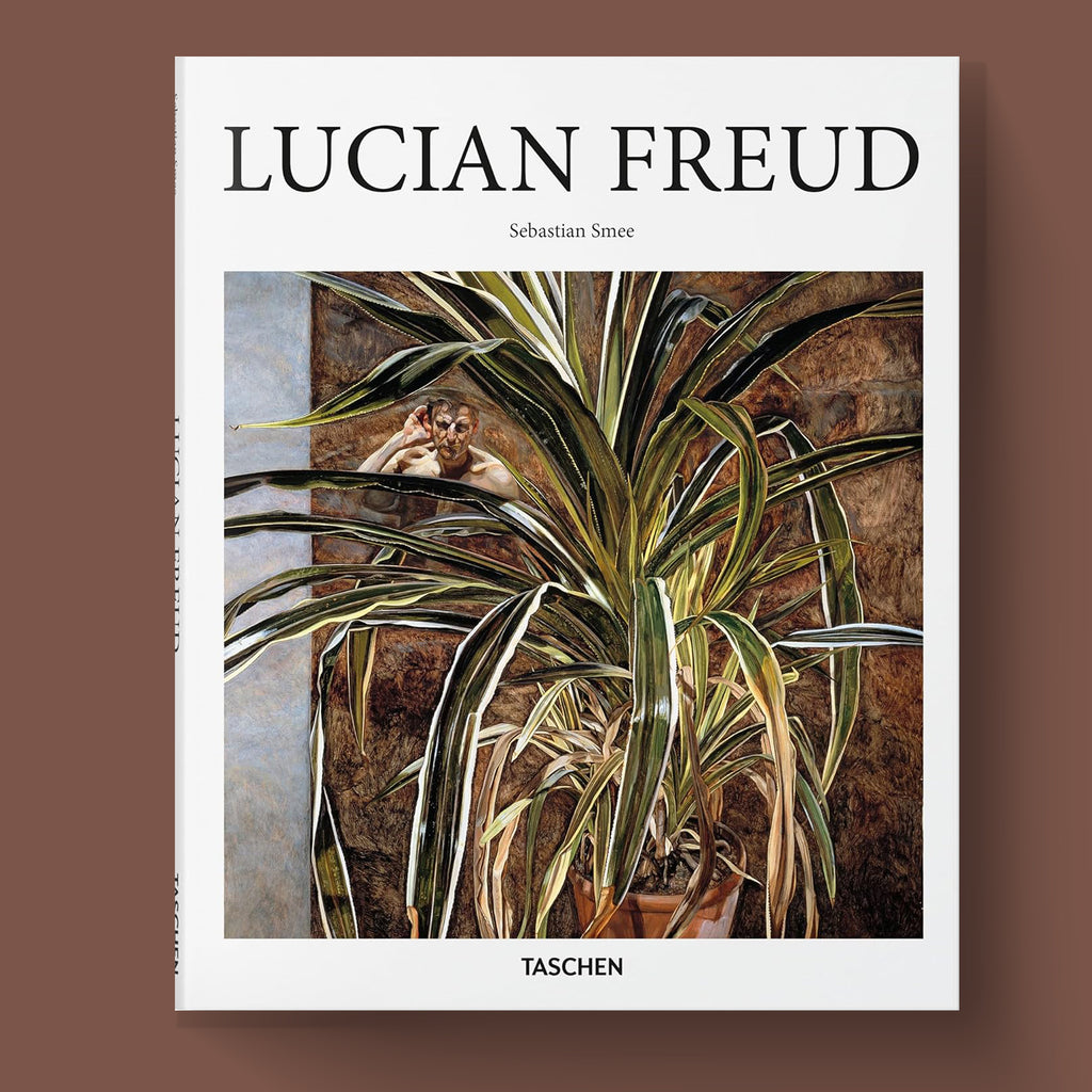 The cover of the Lucian Freud: Beholding the Animal hardcover book from Taschen, featuring a large potted plant and a man peering from behind it.