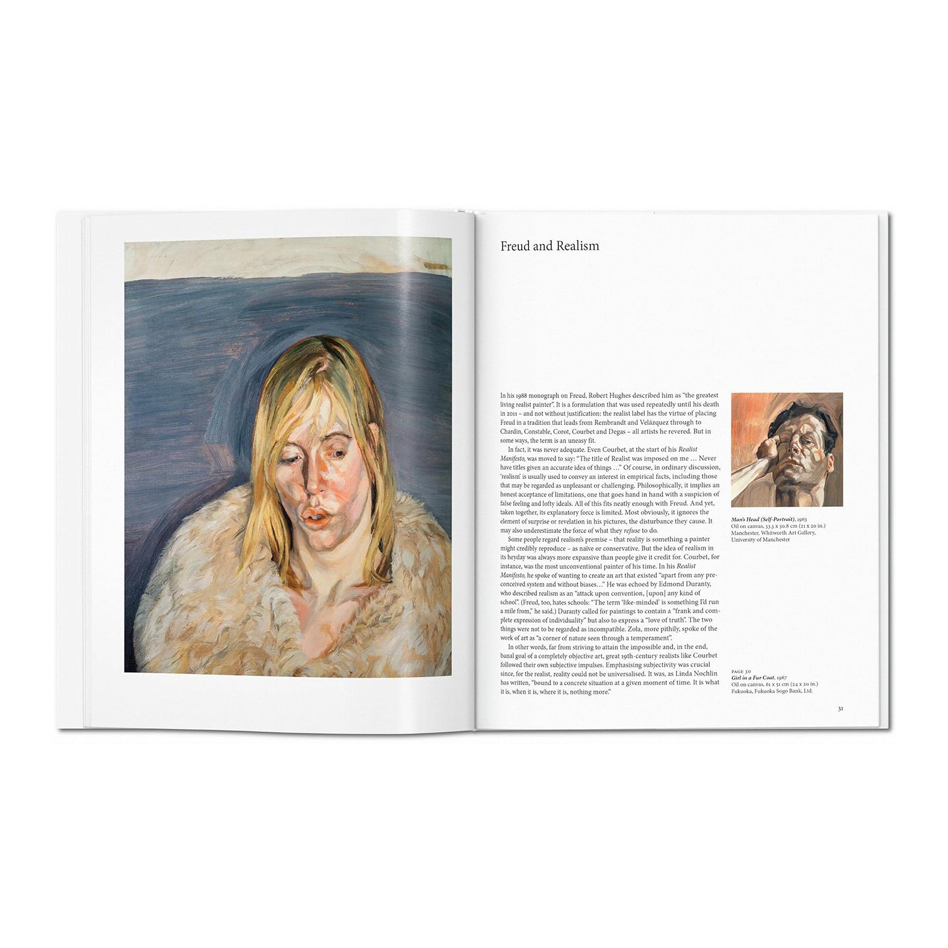 A page showing the Lucian Freud oil painting "Girl in a Fur Coat," a classic example of his portraiture.