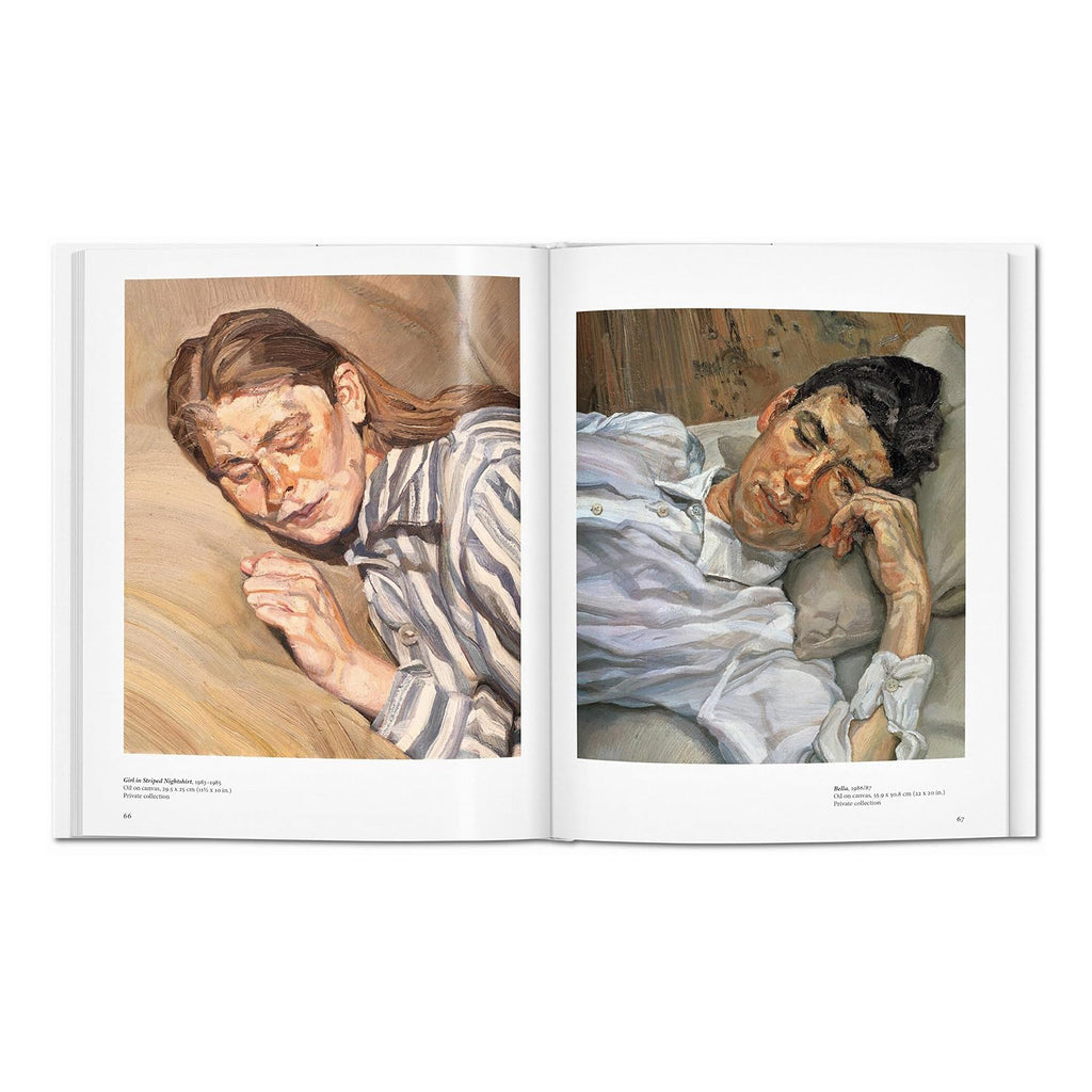 A page from the Lucian Freud hardcover art book featuring two sleeping portraits: "Girl in a Striped Nightshirt" and "Bella."