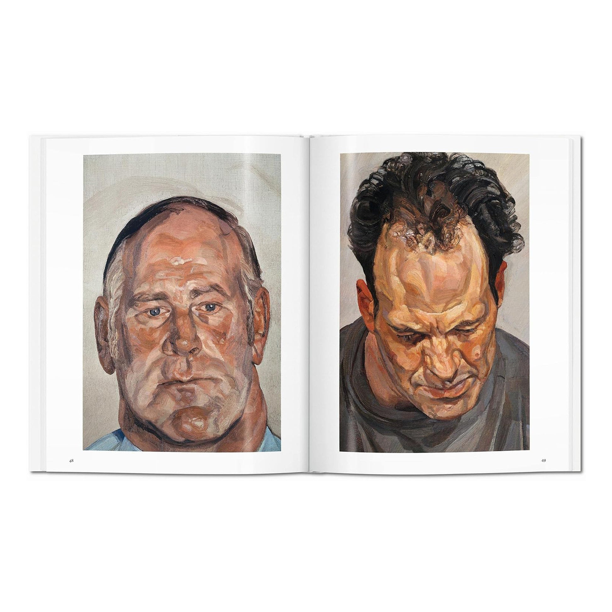 A spread featuring two close-up Lucian Freud portraits of men's faces, showcasing his unique oil painting technique.
