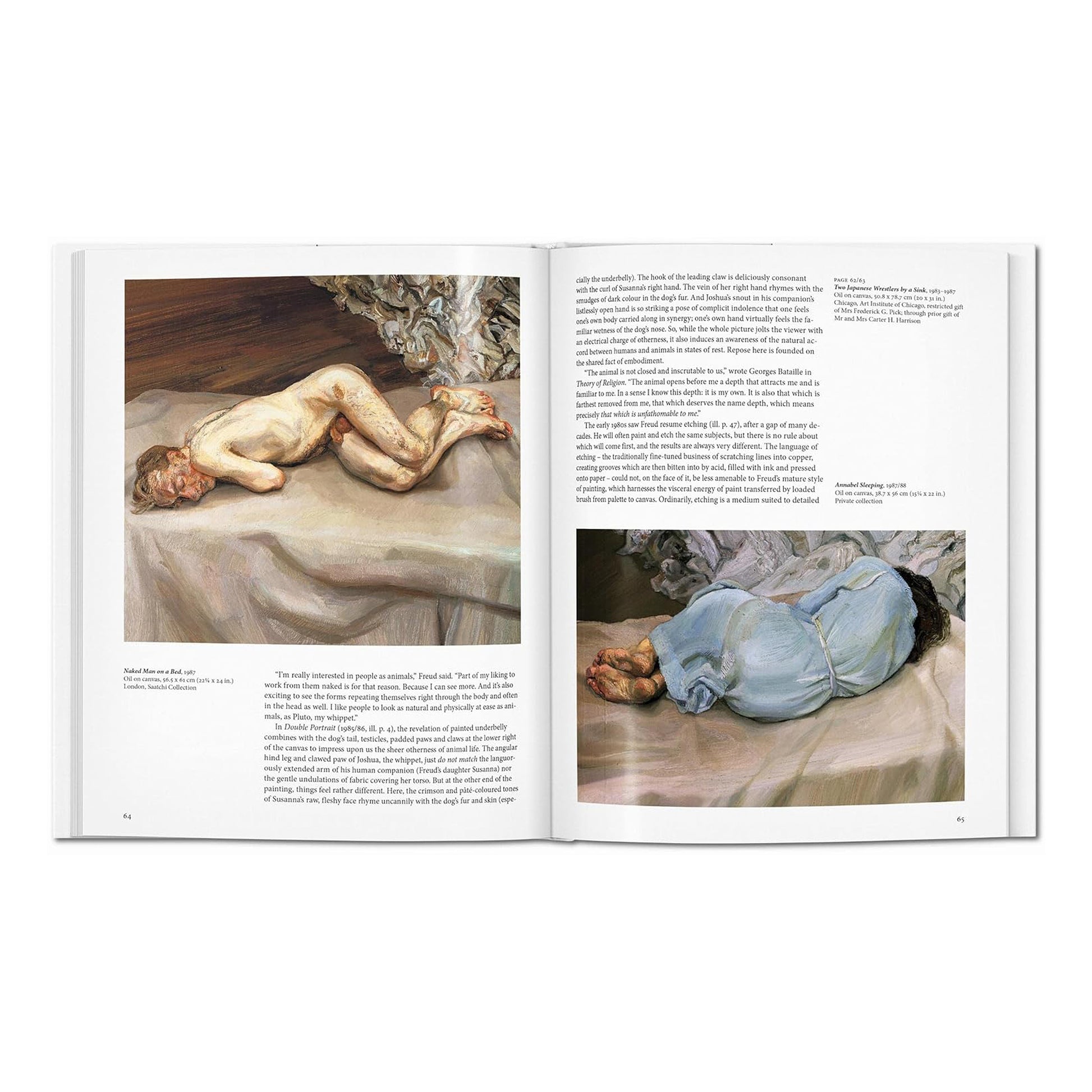 A spread from the luxury Taschen art book showing two Lucian Freud figurative paintings: "Naked Man on a Bed" and "Annabel Sleeping."