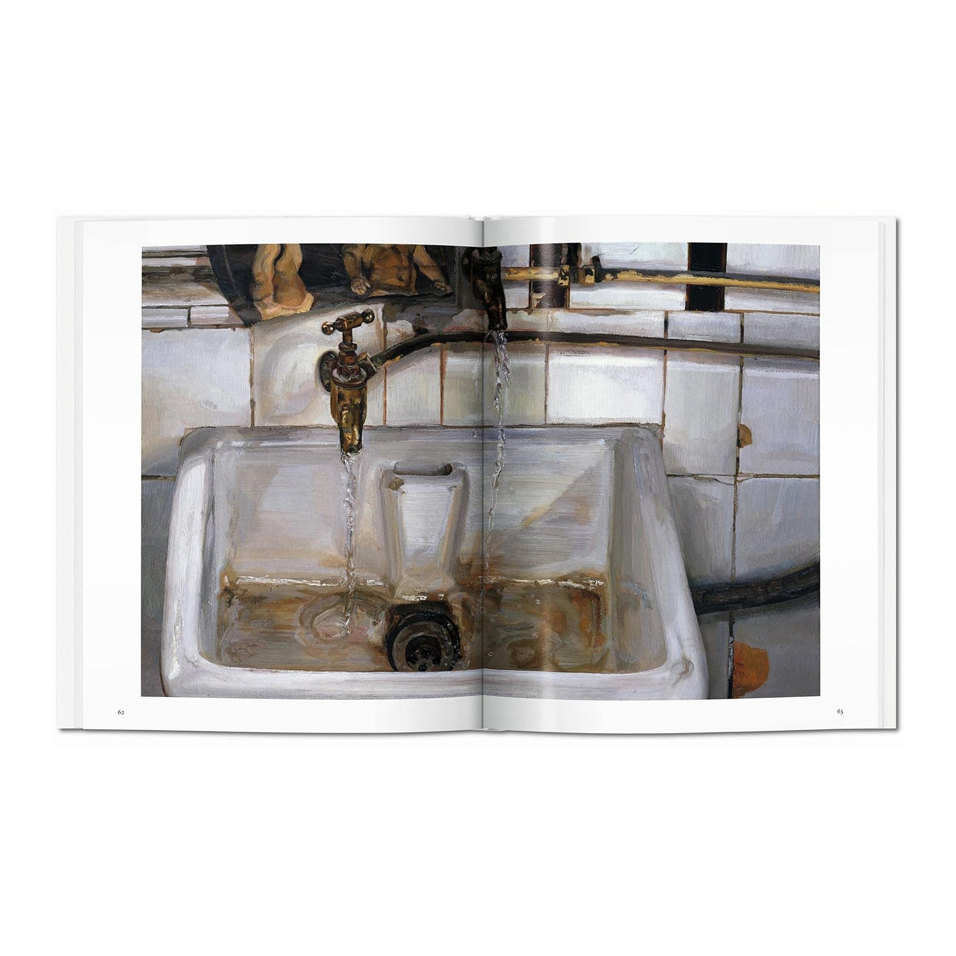 A detailed oil painting of a bathroom sink with a running tap, from the Lucian Freud fine art book.