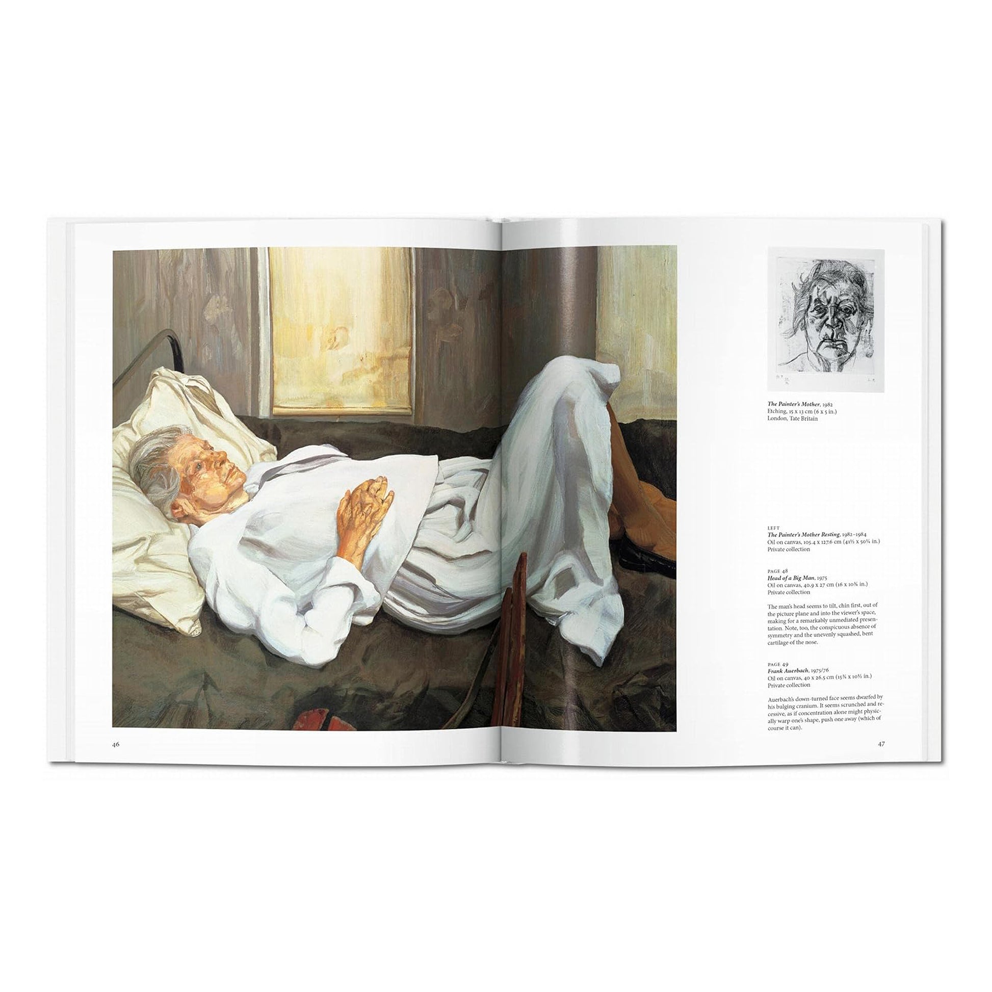 The Lucian Freud book shows a reclining portrait of "The Painter's Mother" and a "Head of a Big Man" etching.