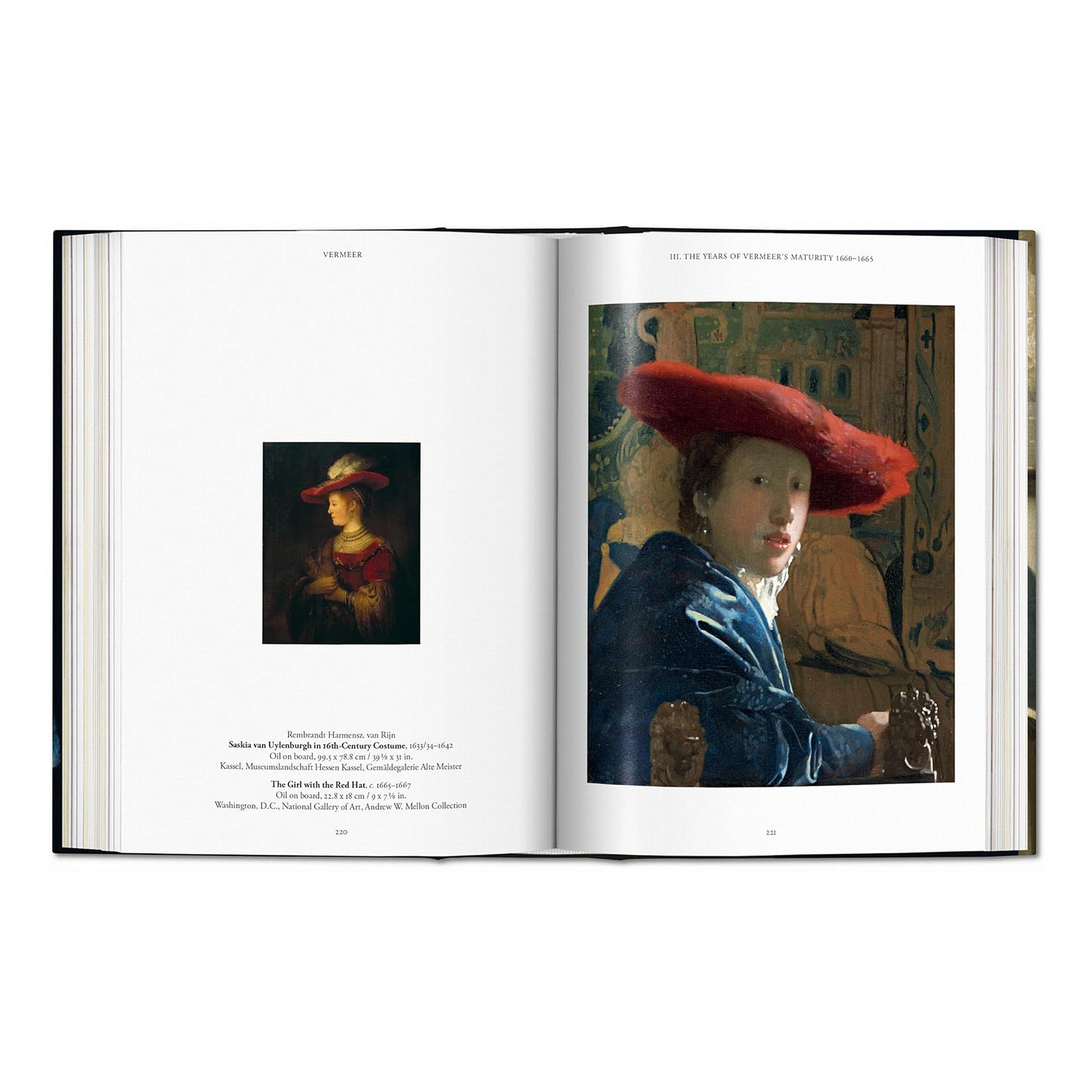 A beautiful reproduction of Vermeer's 'The Girl with the Red Hat' from the luxury fine art book, with accompanying text about the artist.
