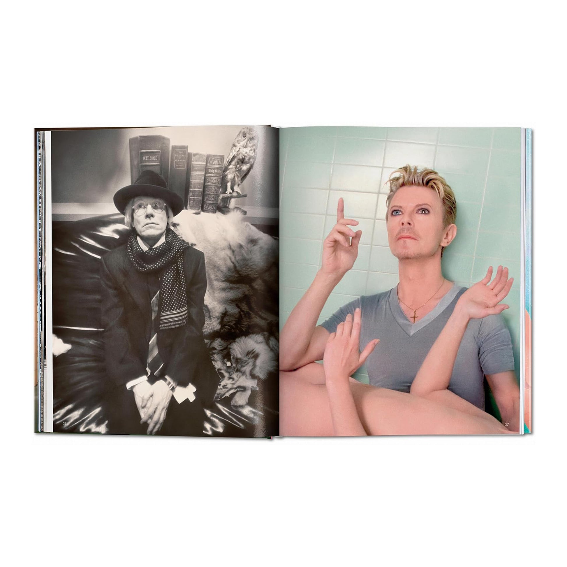 A black and white portrait of Andy Warhol and a colour portrait of David Bowie from the luxury art book "Lost + Found" by David LaChapelle.