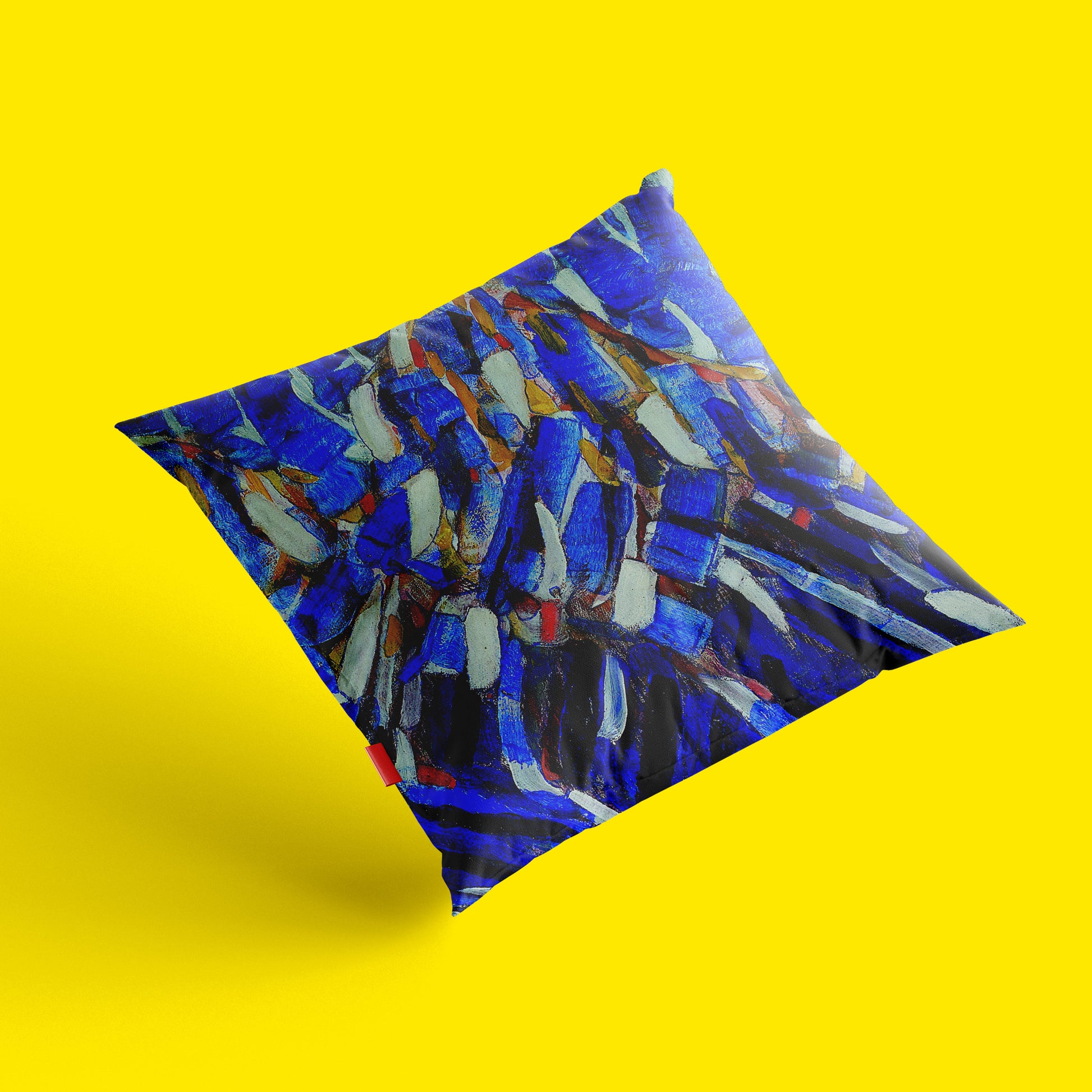 Detailed view of the Christian Rohlfs Abstraction cushion cover by ART SNOB. The vibrant blue tones, inspired by the same aesthetic as a matching art tote bag, are rendered using fade-resistant dye sublimation technology on high-quality fabric.