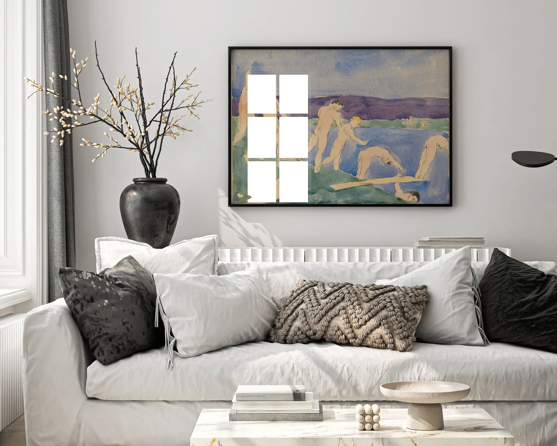 A framed Charles Demuth "Twelve Nude Men at the Beach" fine art print, displayed as a statement piece in a luxurious, modern interior, adding a touch of sophistication and colour to the wall decor.
