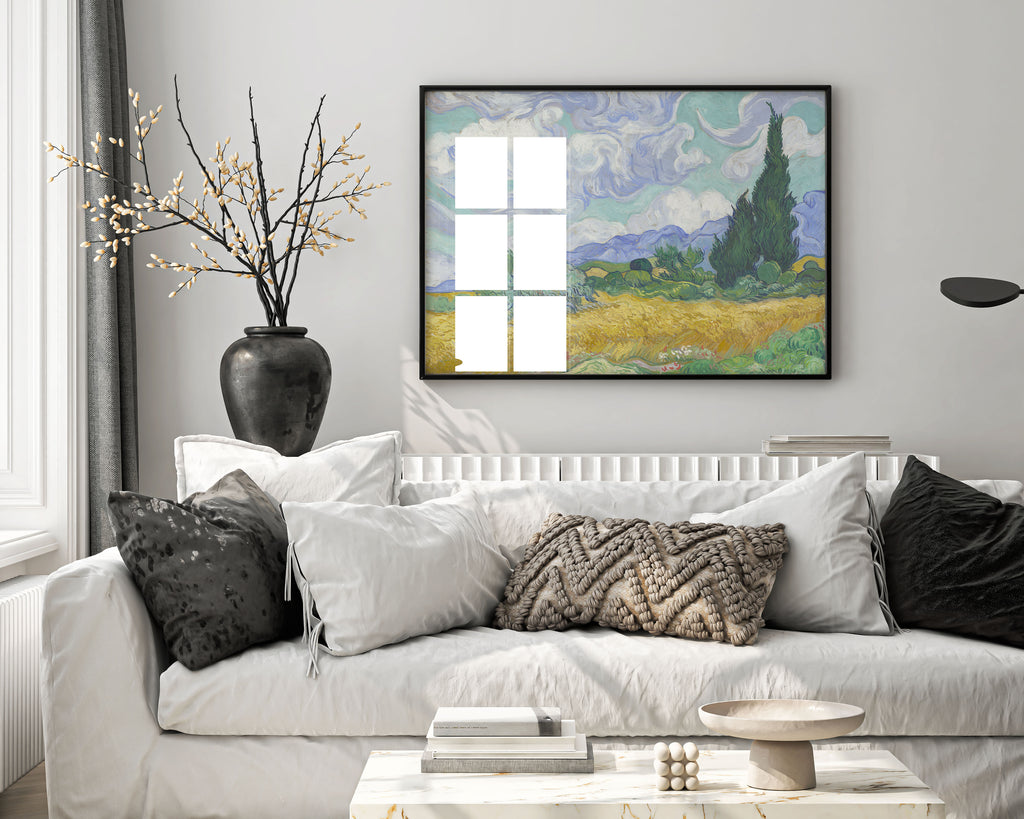 A framed Vincent van Gogh "Wheat Field with Cypresses" art print mounted as a centerpiece on a wall in a luxury interior setting, showcasing high-end wall decor and sophisticated style.