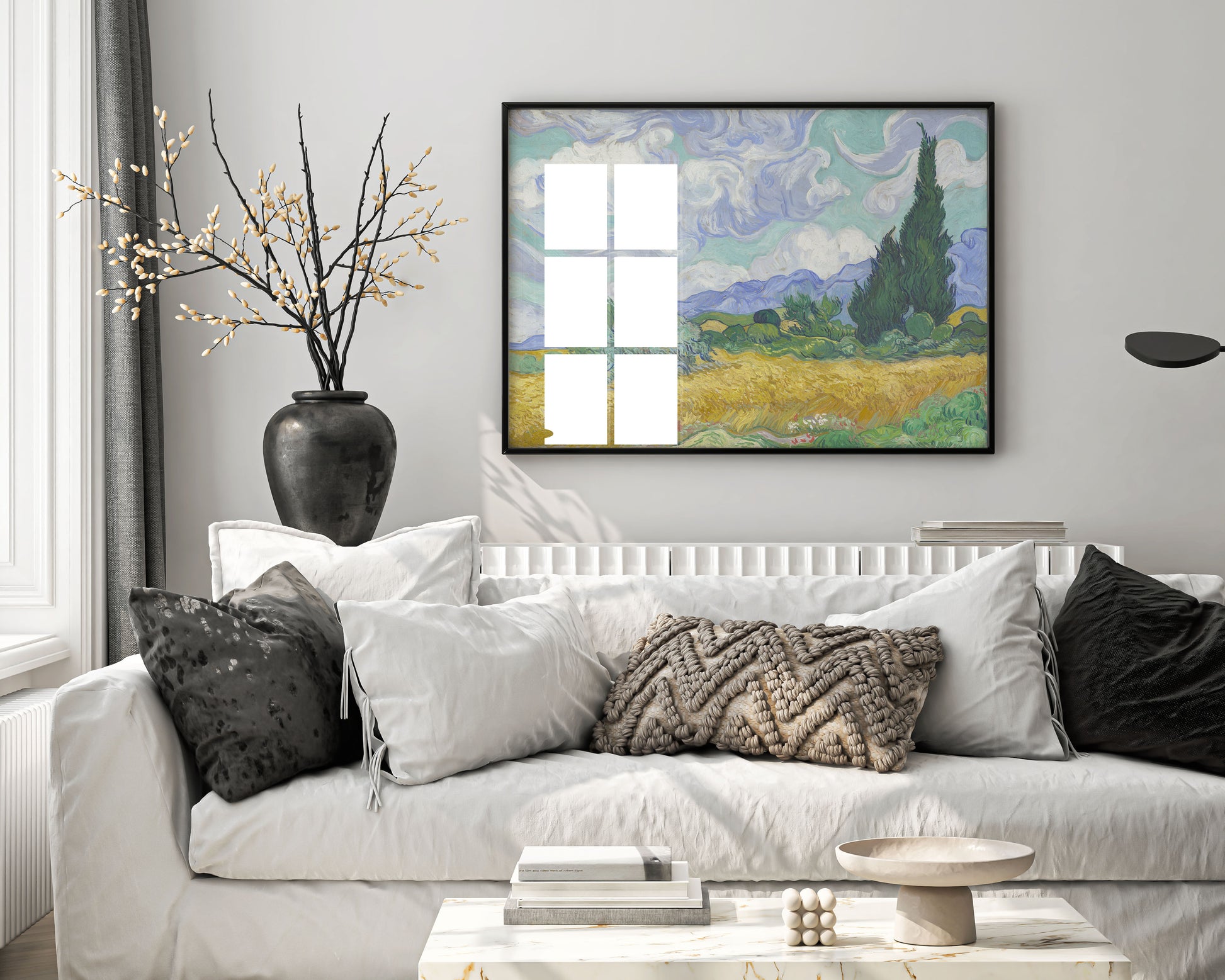 A framed Vincent van Gogh "Wheat Field with Cypresses" art print mounted as a centerpiece on a wall in a luxury interior setting, showcasing high-end wall decor and sophisticated style.