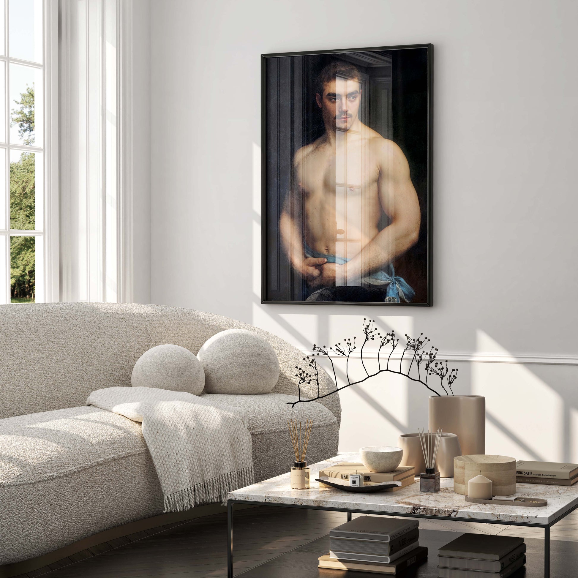 A framed art print of Gustave Courtois' "Portrait of the Athlete Maurice Deriaz" displayed prominently in a modern luxury living room, enhancing the decor with a touch of classic art.