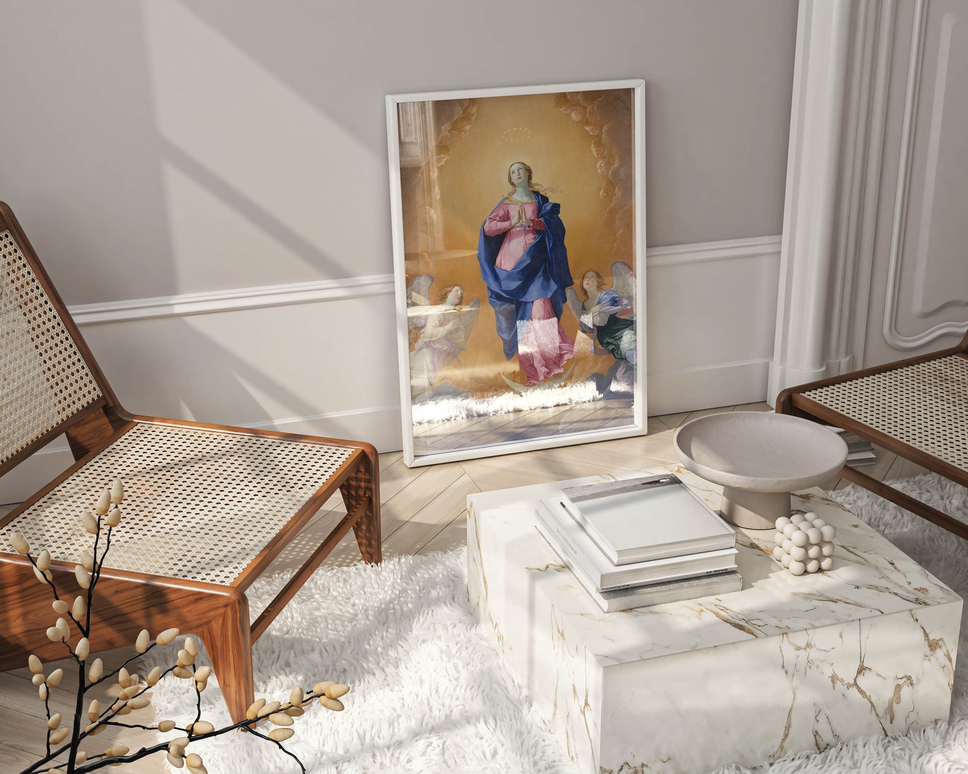 An exquisite giclée print of Guido Reni's masterpiece displayed in a beautiful frame above a designer sofa, serving as a focal point in a stylish and luxurious home decor setting.
