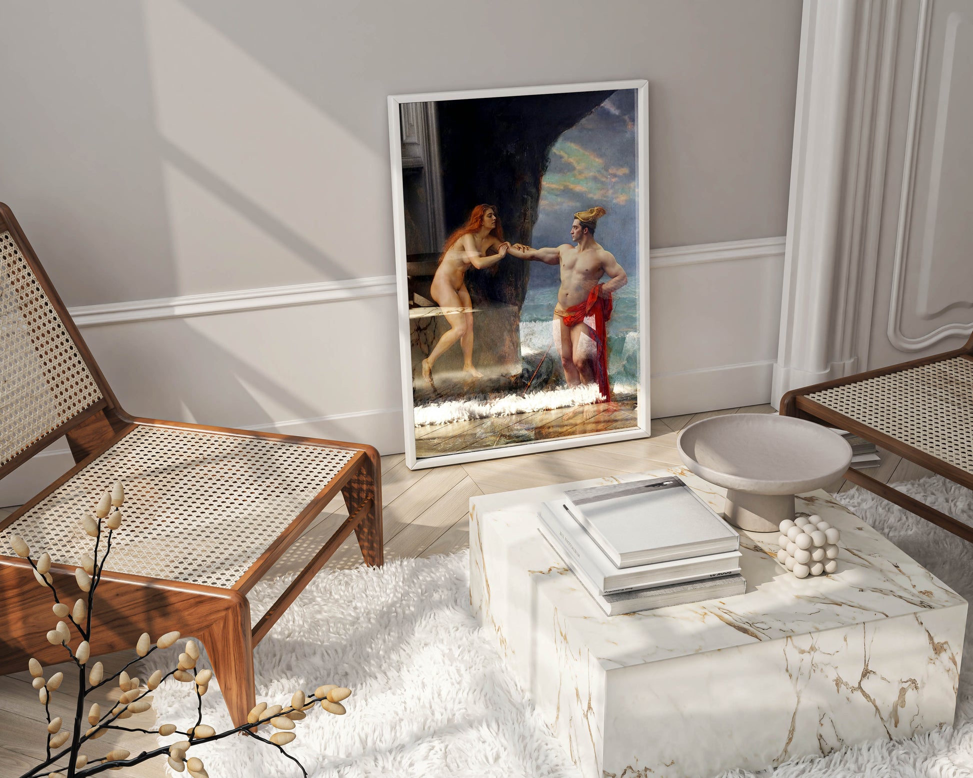 "Perseus Freeing Andromeda," by Gustave Courtois, beautifully displayed as elegant wall decor in a high-end living room setting.