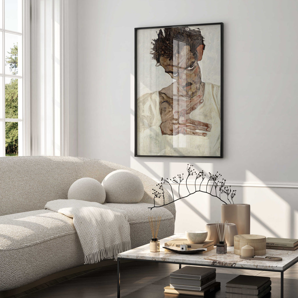 Egon Schiele "Self-Portrait with Lowered Head" framed art print, adding a sophisticated touch to a luxury living room's wall decor.