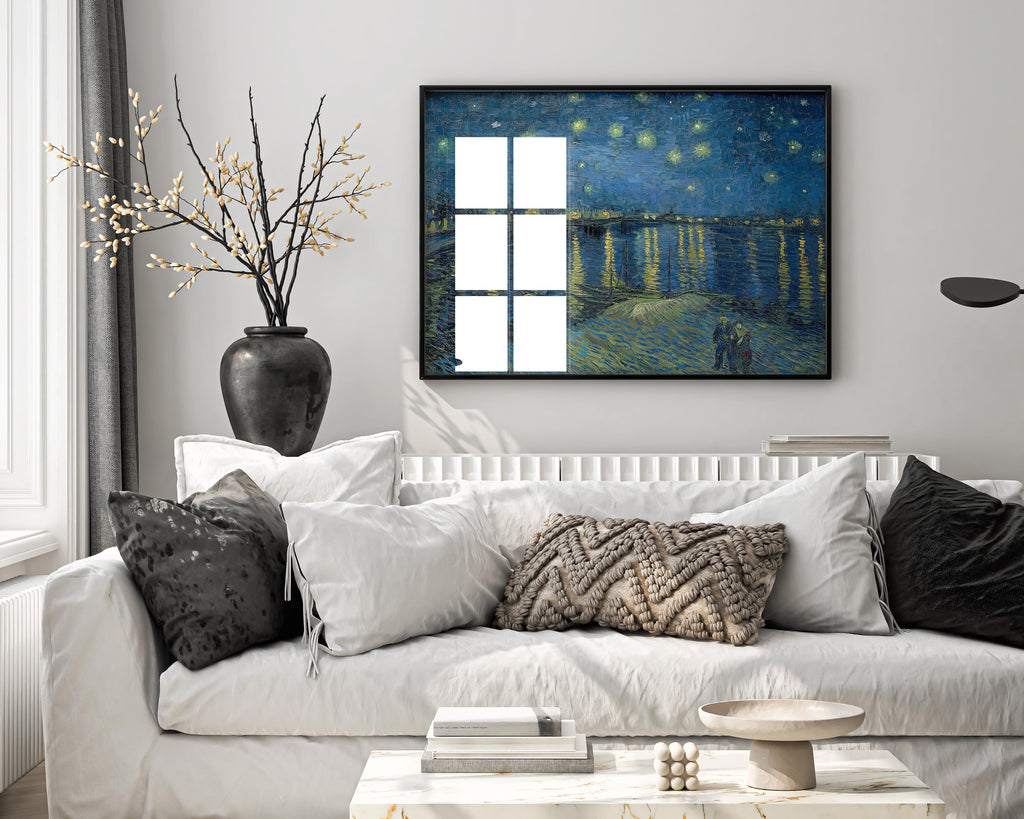 A stunning Vincent van Gogh framed art print of "Starry Night Over the Rhône" as a centerpiece in a luxurious, modern living room, showcasing premium wall decor and sophisticated interior design.
