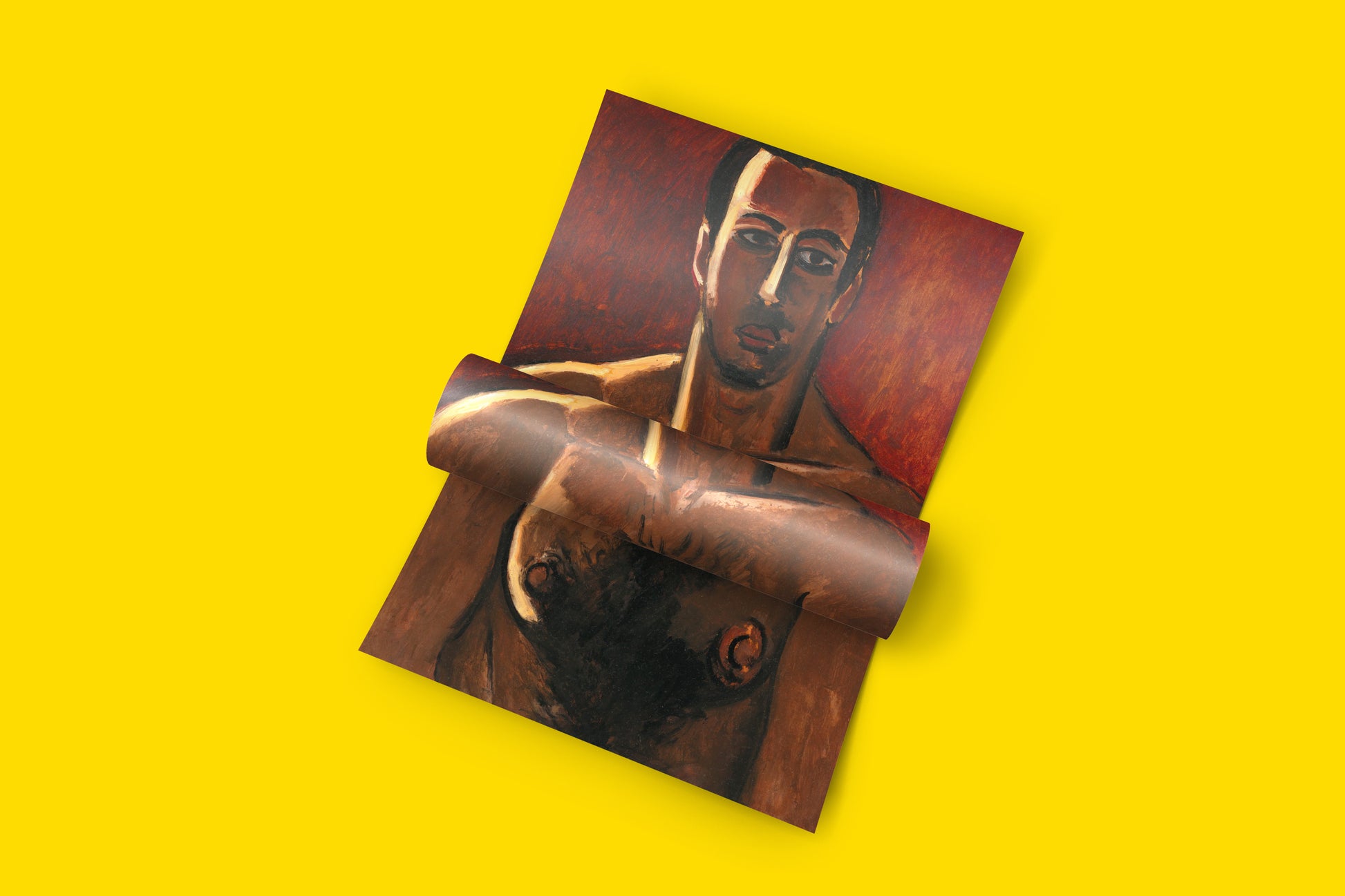 A vintage-style art poster of Marsden Hartley's painting, showcasing a muscular figure against a bold red background.
