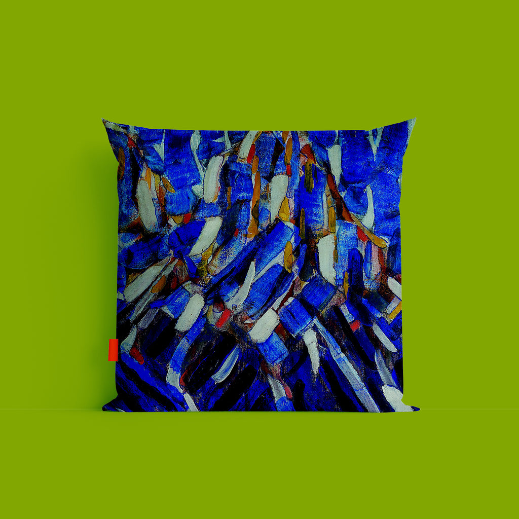 An 18x18 inch luxury linen cushion displaying a double-sided print of Christian Rohlfs' abstraction. It serves as the perfect fine art gift for those who appreciate the dynamic movement and crystalline forms of the Expressionist movement.