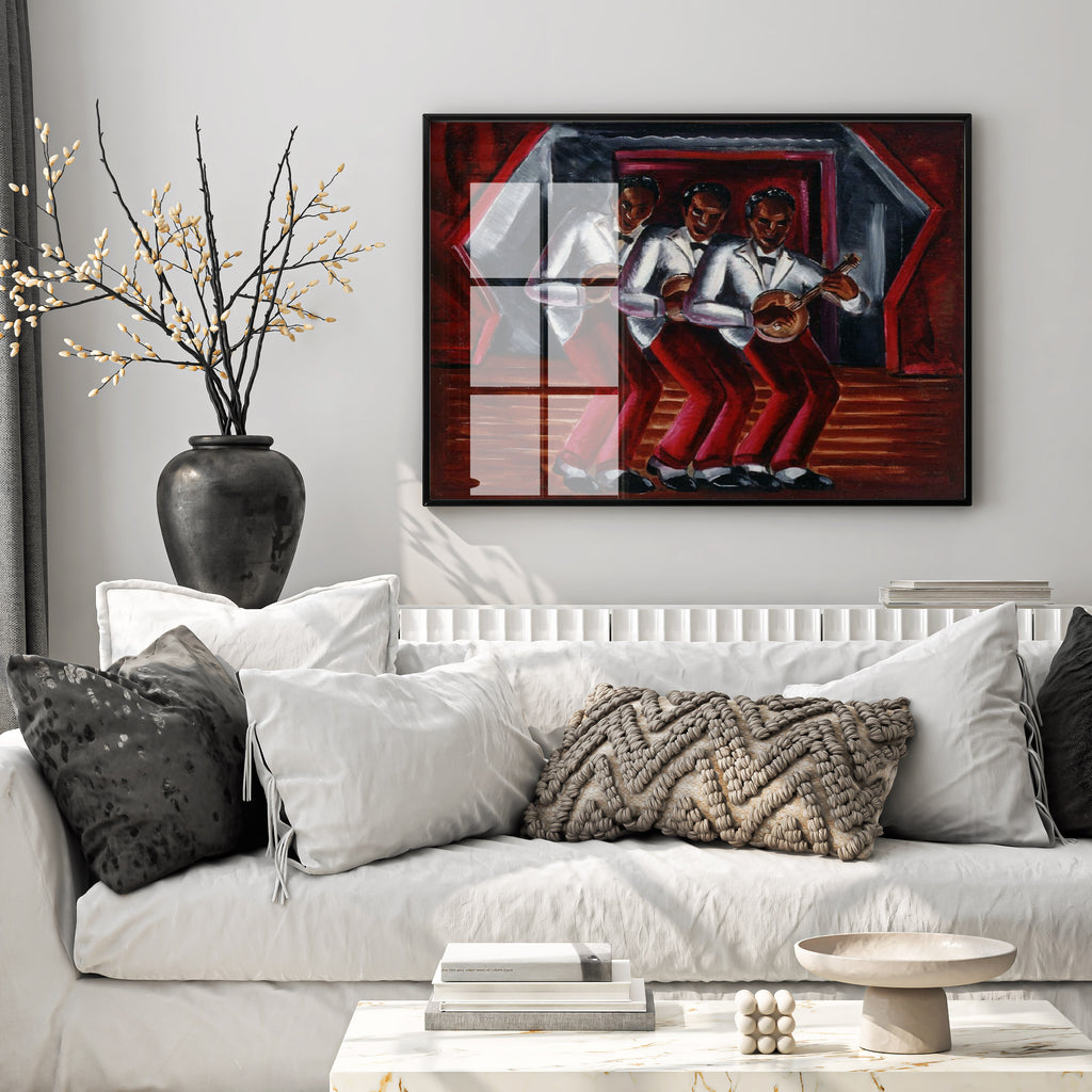 Malvin Gray Johnson Harmony giclée wall art print, three figures in red and white on a theatrical stage, African American fine art for home decor