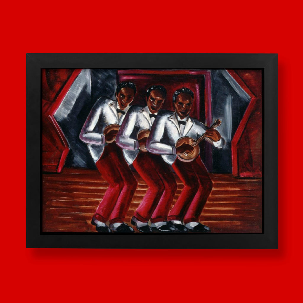 Malvin Gray Johnson Harmony fine art print showing three musicians in white tuxedo jackets playing banjos on a vibrant crimson stage, Harlem Renaissance wall art