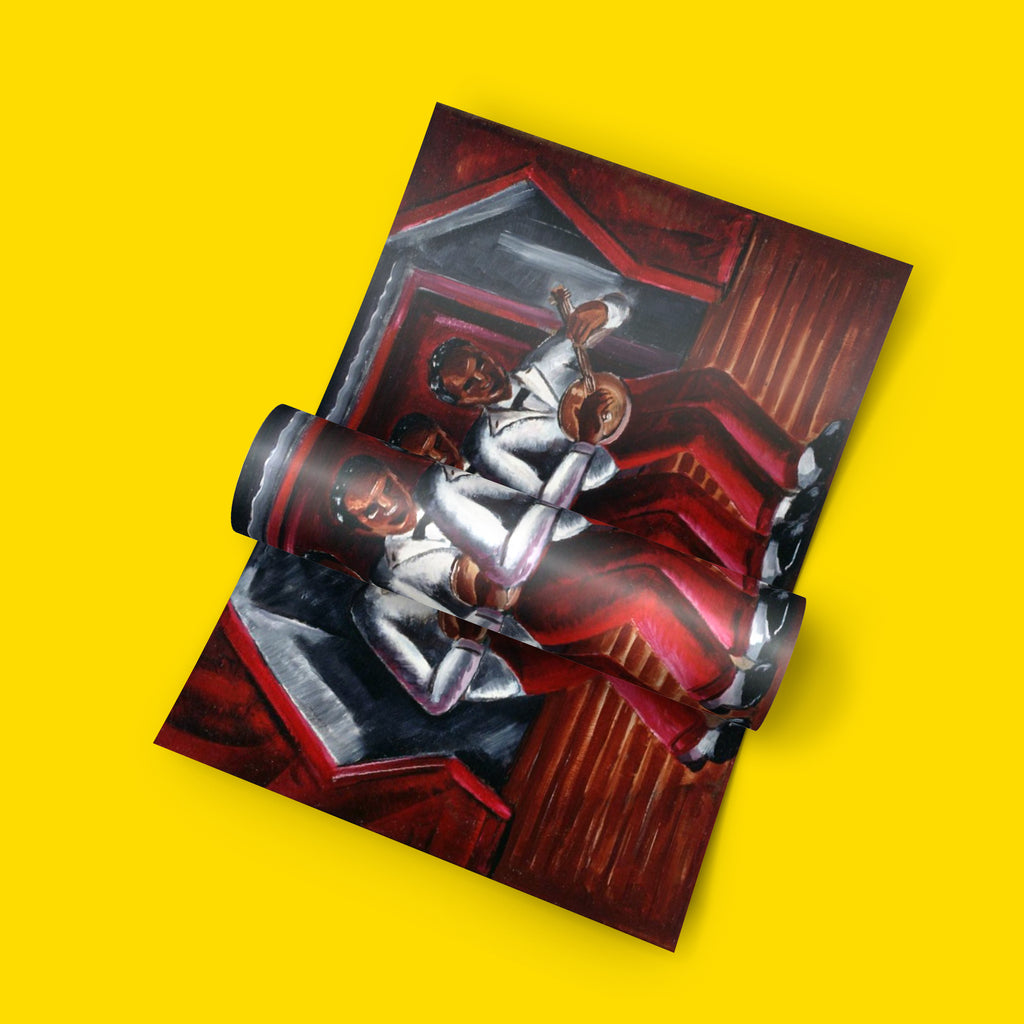 Harlem Renaissance wall art print of three musicians playing banjos in white jackets and red trousers on a deep red stage, after Malvin Gray Johnson's Harmony