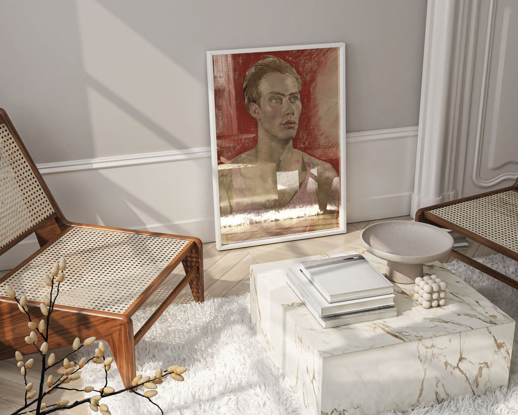 Framed wall art featuring Philpot's Man in Pink 1933 portrait - classic British modernist painting print in modern black frame ideal for gallery wall and contemporary interior design