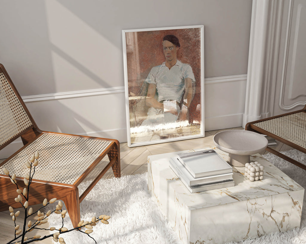 Framed wall art featuring Philpot's Man in White 1933 portrait - classic British modernist painting print in modern black frame ideal for gallery wall and contemporary interior design