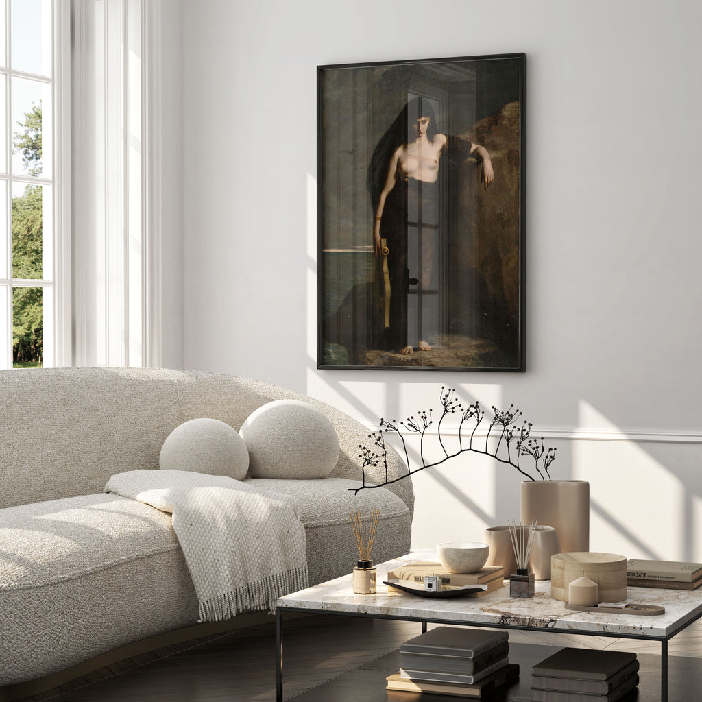 Classical figurative art print of Sappho by Auguste Charles Mengin, full-length portrait of a bare-breasted woman on a clifftop with a lyre, printed on 200 gsm FSC-certified paper