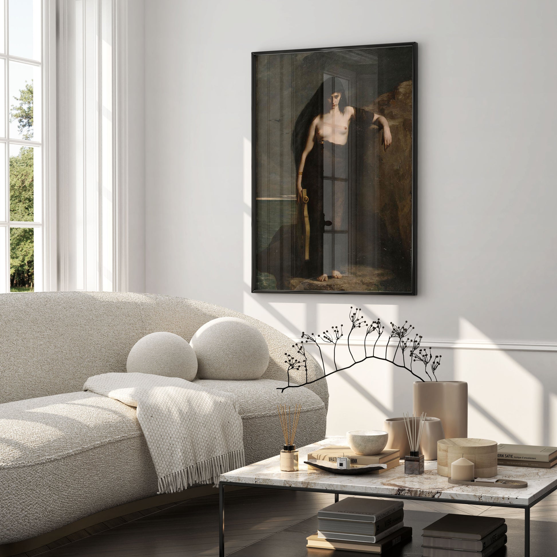 Classical figurative art print of Sappho by Auguste Charles Mengin, full-length portrait of a bare-breasted woman on a clifftop with a lyre, printed on 200 gsm FSC-certified paper