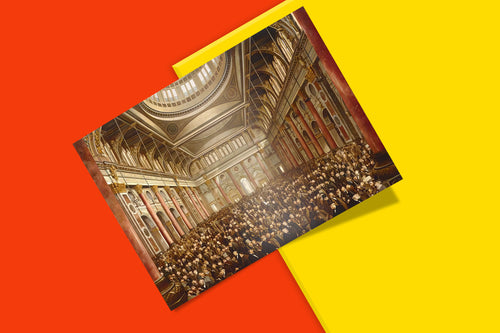 Victorian era wall art print depicting busy Manchester Royal Exchange trading floor with hundreds of merchants in formal dress beneath elaborate gilded dome interior