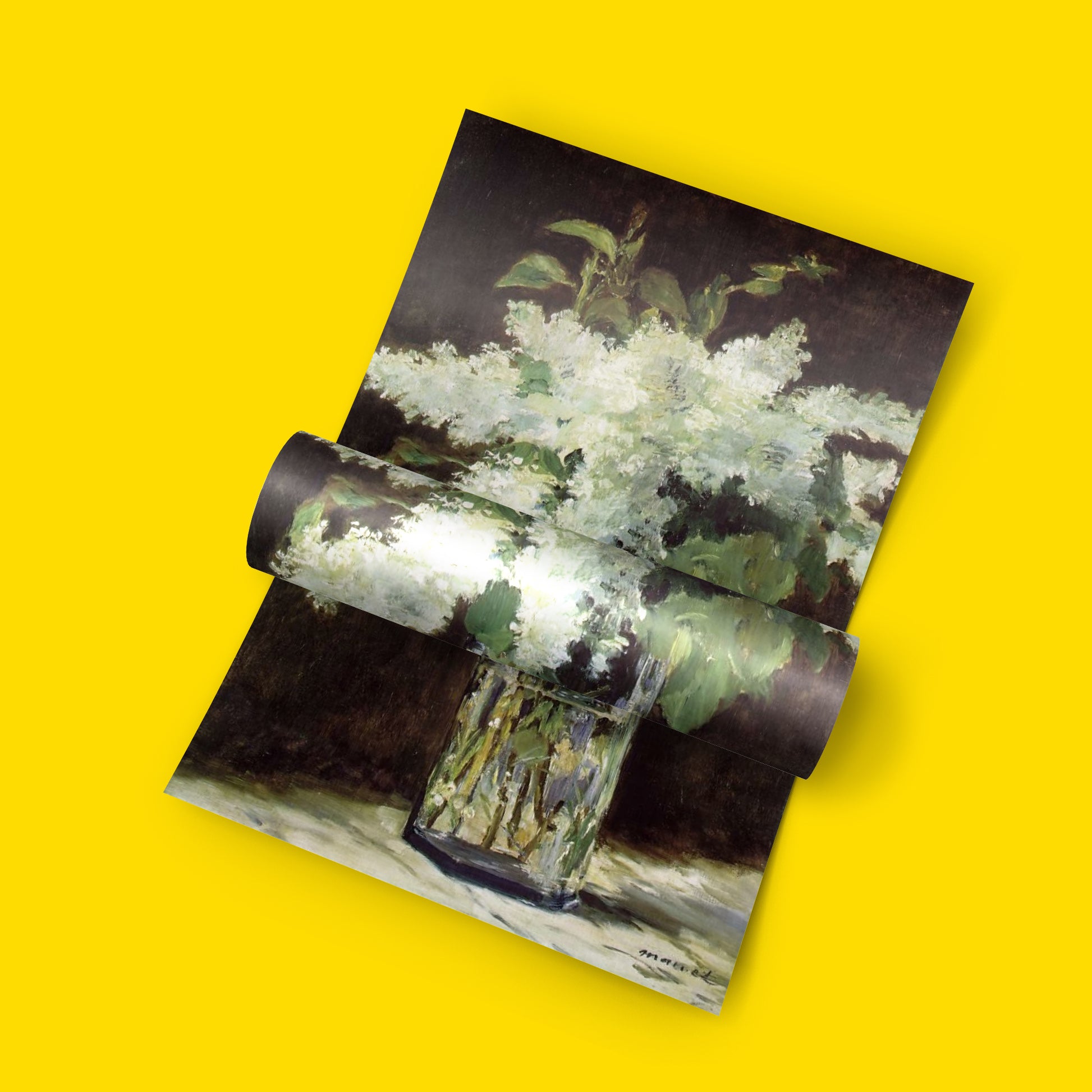 A rolled sheet of wallpaper featuring an impressionist painting of white flowers in a glass vase, displayed against a solid bright yellow background.
