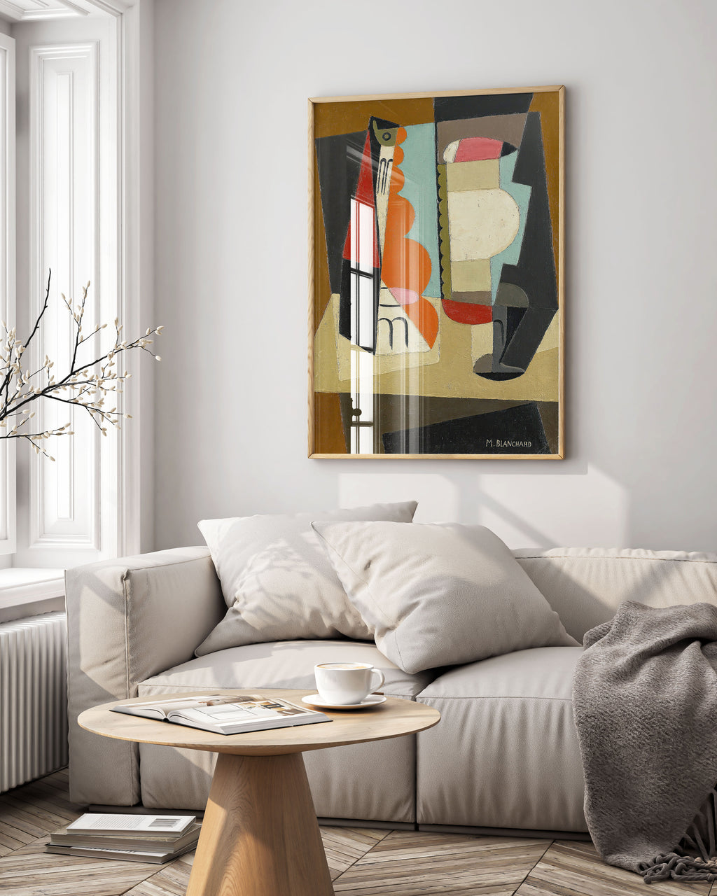 Framed María Blanchard Nature Morte Cubiste art print displayed as modern wall art decor, geometric cubist still life in quality frame for living room or office