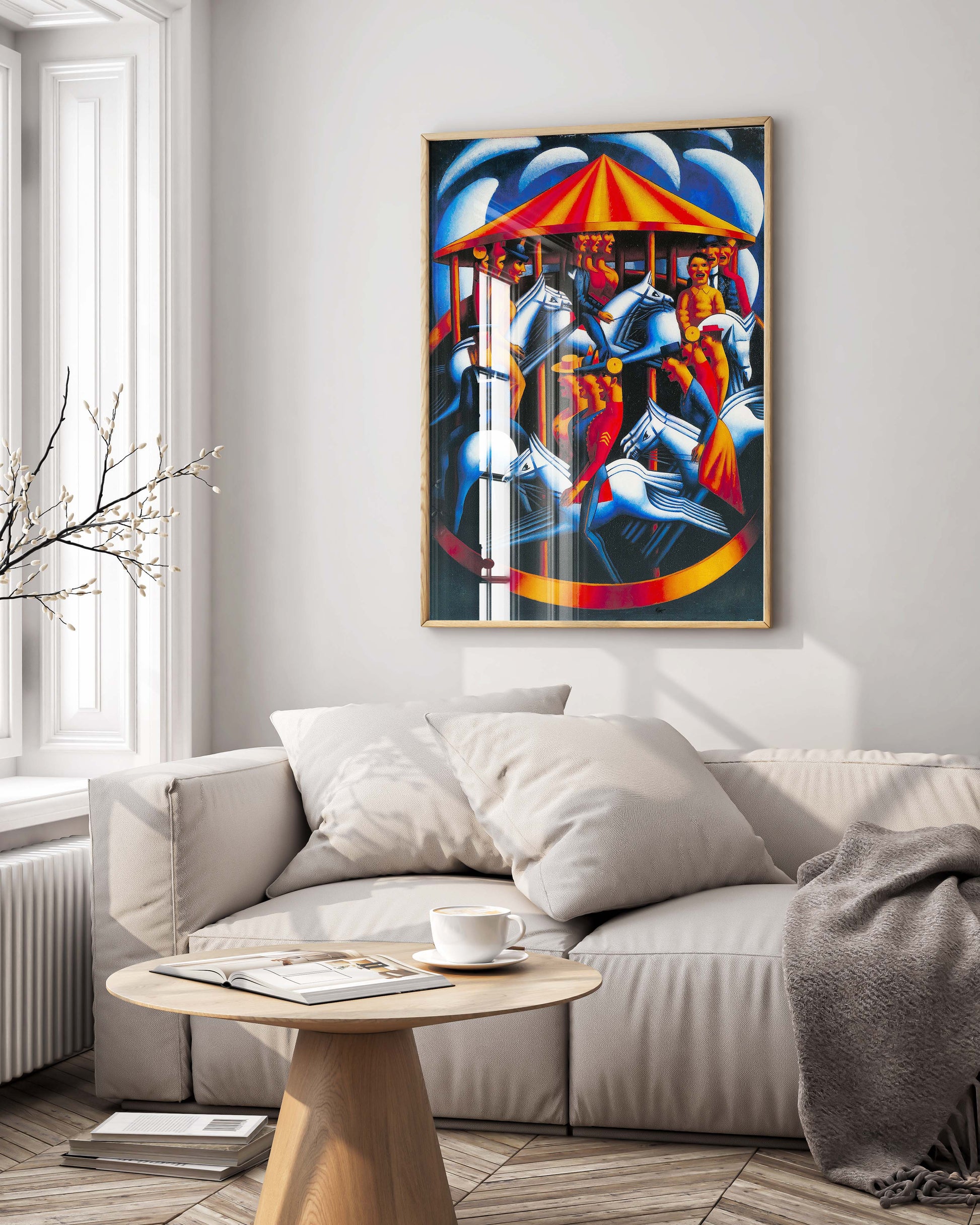 A framed print of Mark Gertler's "Merry-Go-Round" hanging as wall art above a sofa.
