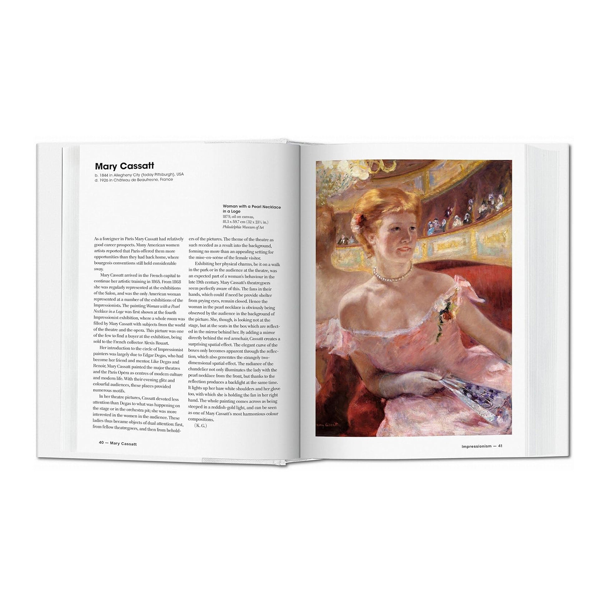 An art book spread displaying Mary Cassatt's Impressionist painting, "Woman with a Pearl Necklace in a Loge," a classic example of Impressionism.