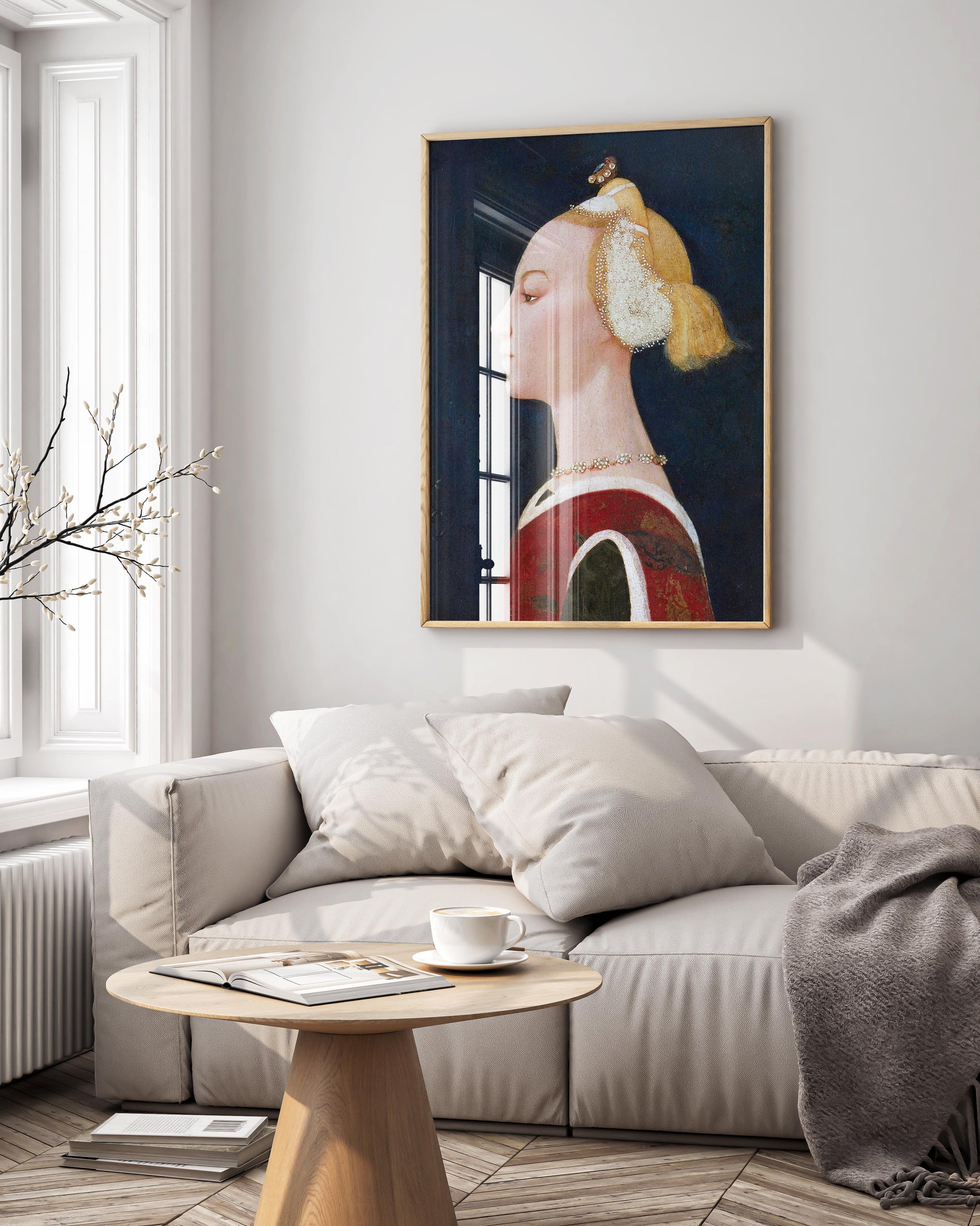 A beautiful framed fine art print of the Master of the Castello Nativity Portrait of a Woman, hanging as wall art in a luxurious living room.
