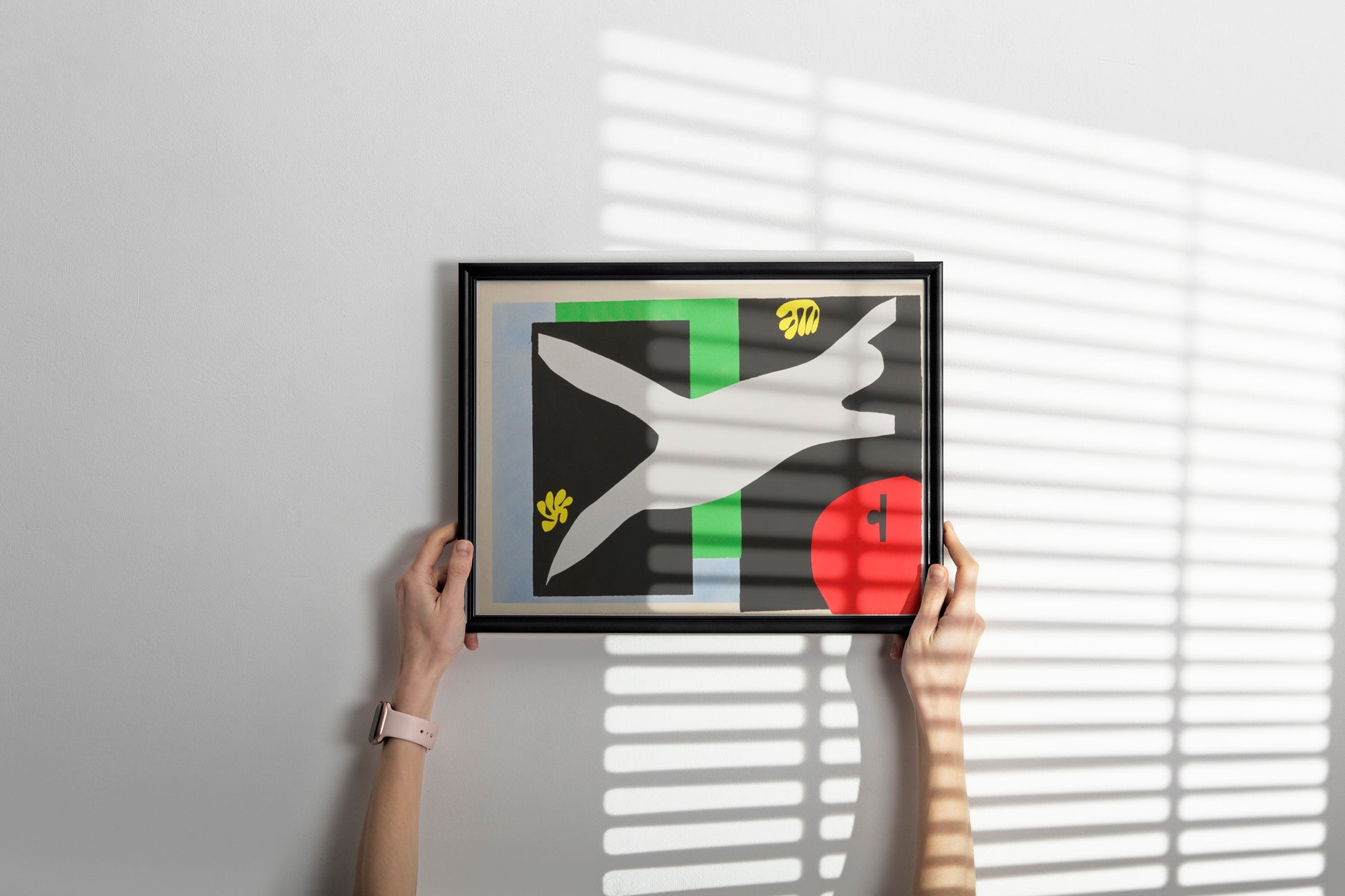 Close-up of framed giclée Matisse cut-out print, 'La Nageuse dans l'aquarium,' showing ultra-sharp detail for luxury home decor.