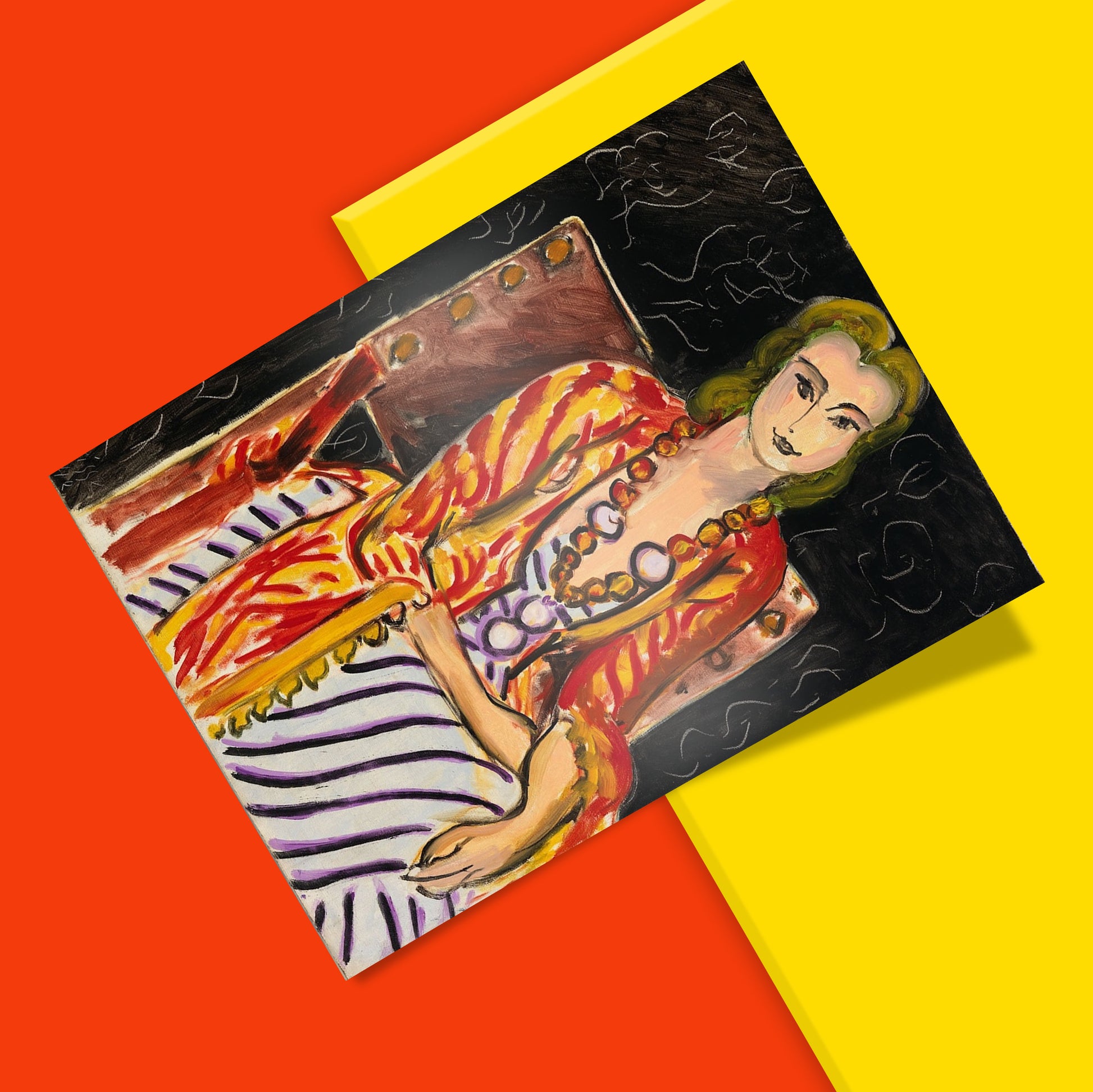 Matisse 1942 painting print of blonde woman in striped dress with amber necklace, museum-quality wall art reproduction