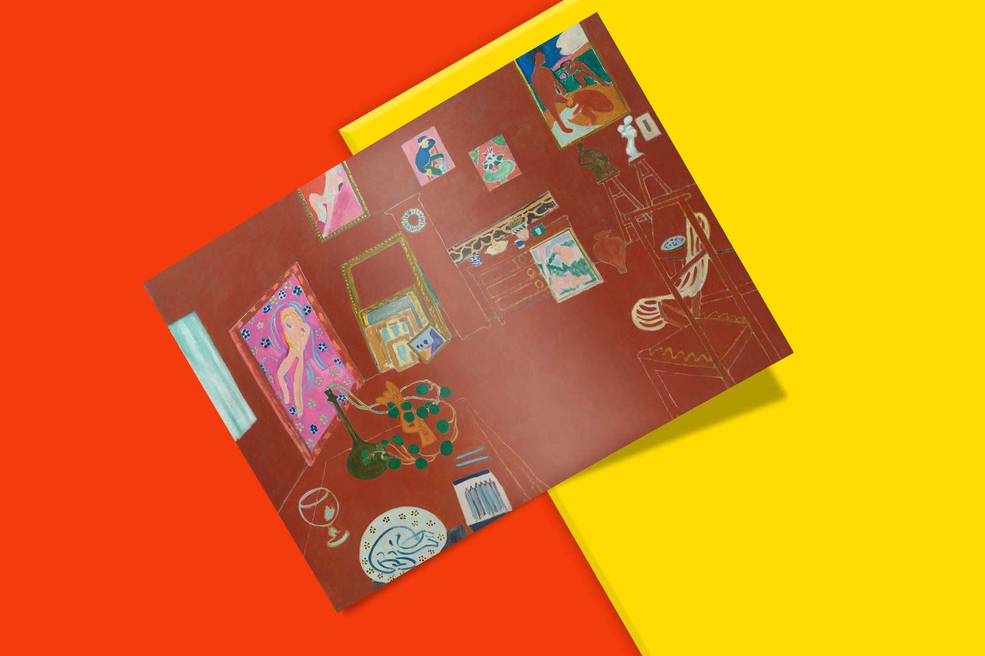 Modern art print of The Red Studio by Matisse featuring handless grandfather clock and paintings within paintings composition