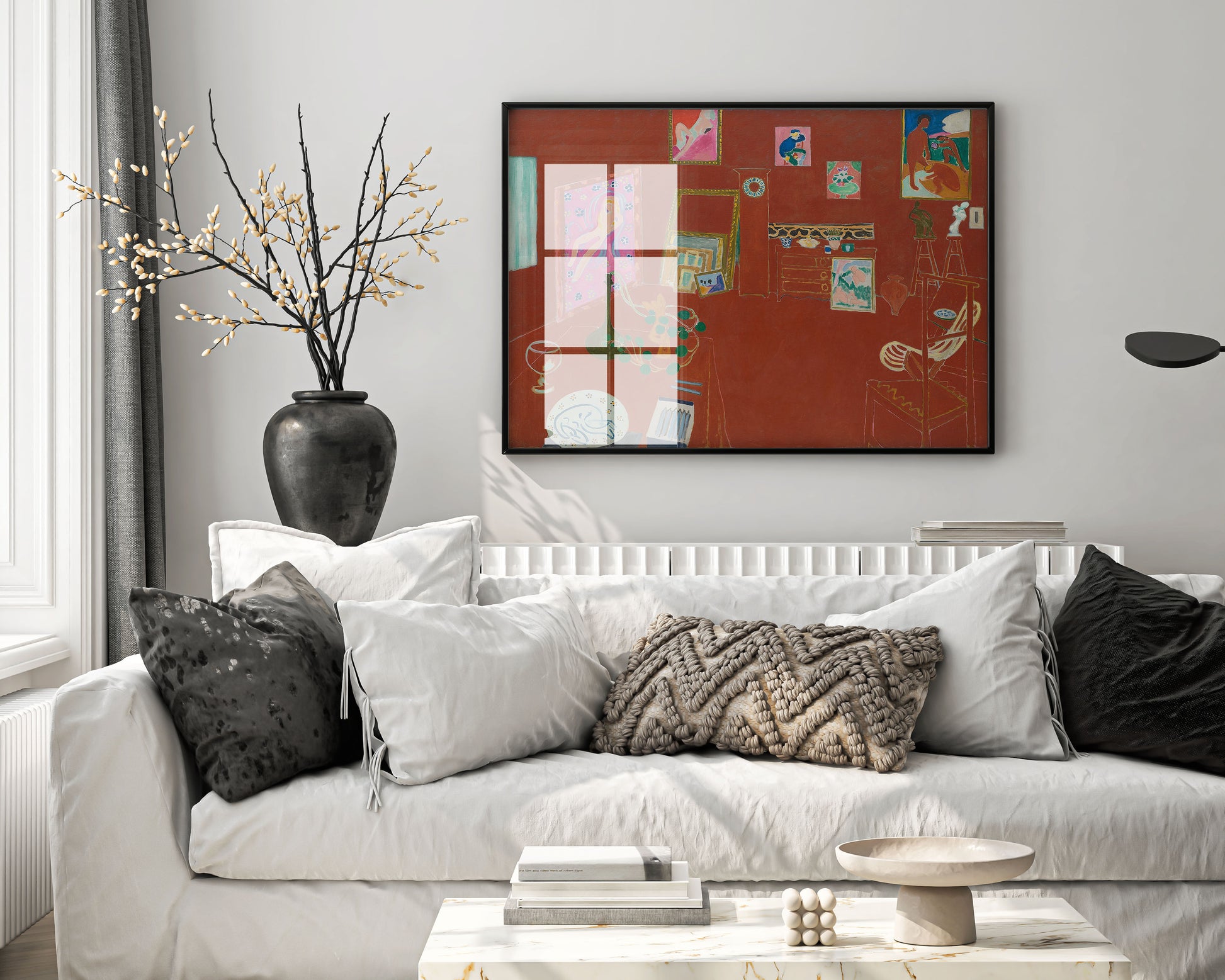 Henri Matisse The Red Studio framed wall art print displayed in modern living room interior featuring iconic 1911 Fauvist masterpiece in elegant frame