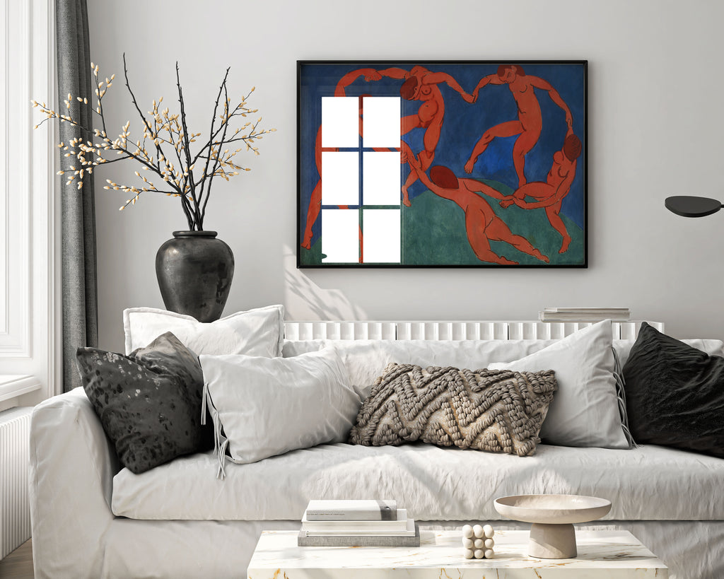 Henri Matisse The Dance framed art print hanging on modern living room wall, showing five dancing red figures in elegant black frame, premium wall decor and interior design inspiration