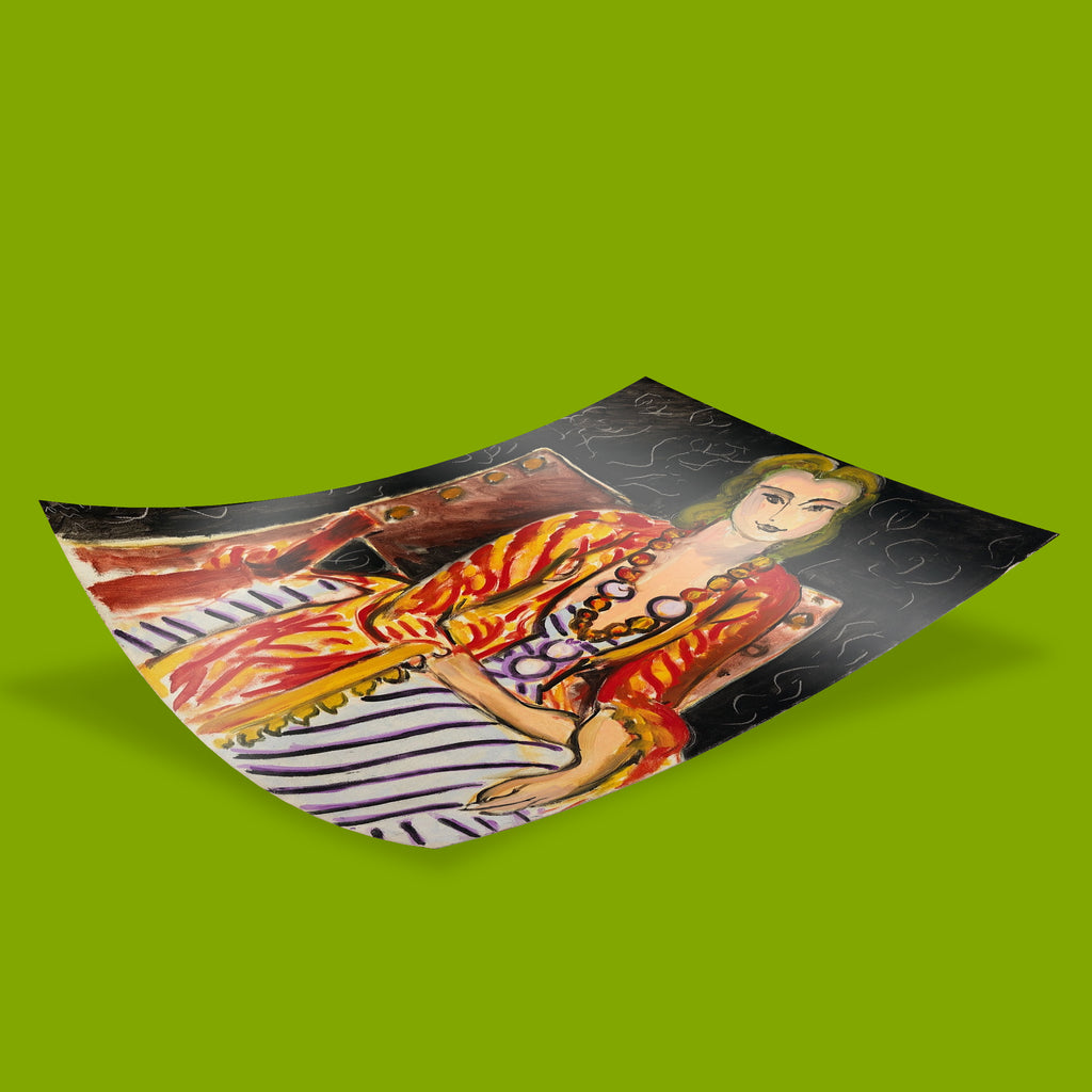 Henri Matisse modernist portrait art print, seated woman wearing colourful robe and beaded necklace, giclee fine art poster