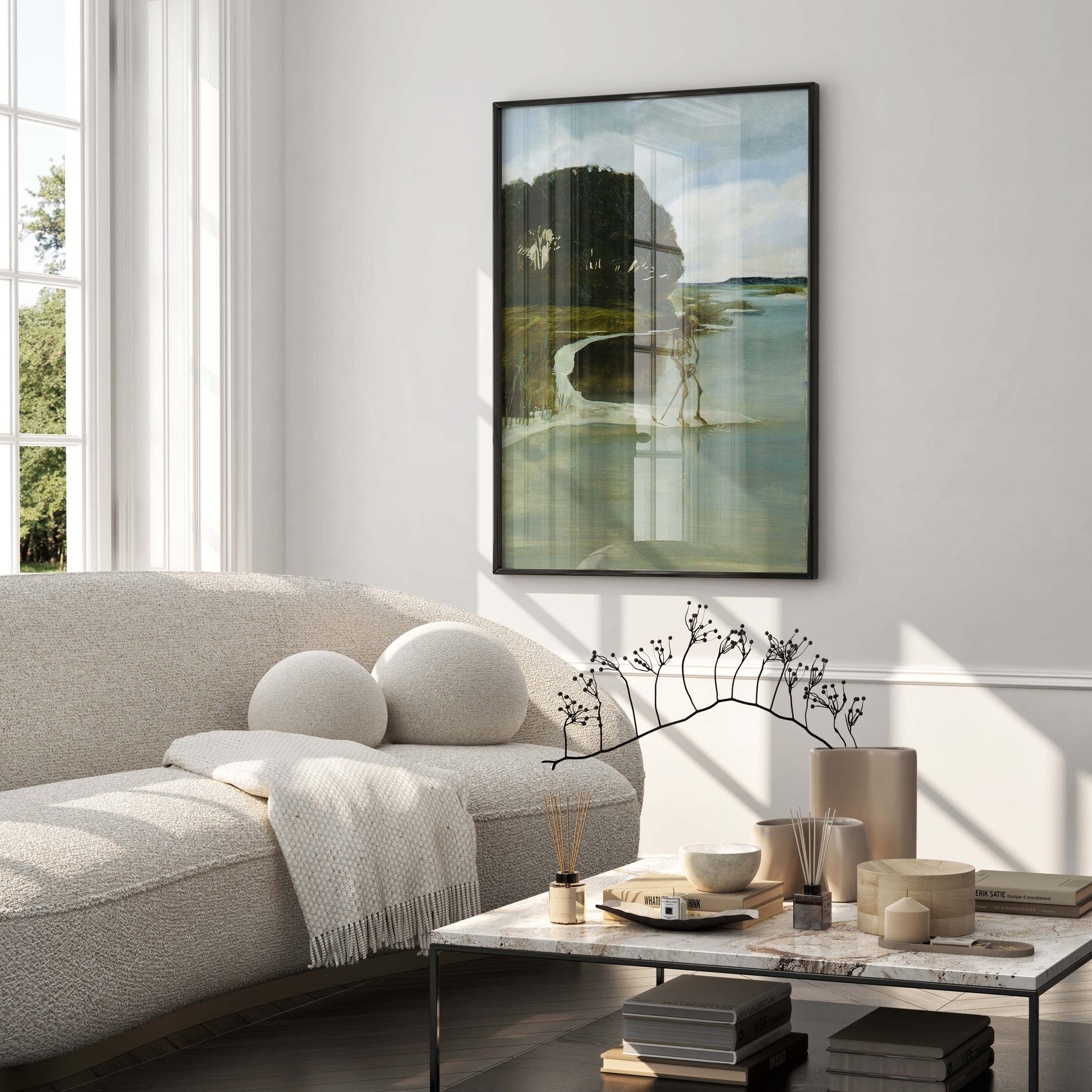 A high-quality framed art print of Max Klinger's "The Peeing Death" hanging on a wall, showing how the iconic piece can be a stunning focal point in modern home decor.