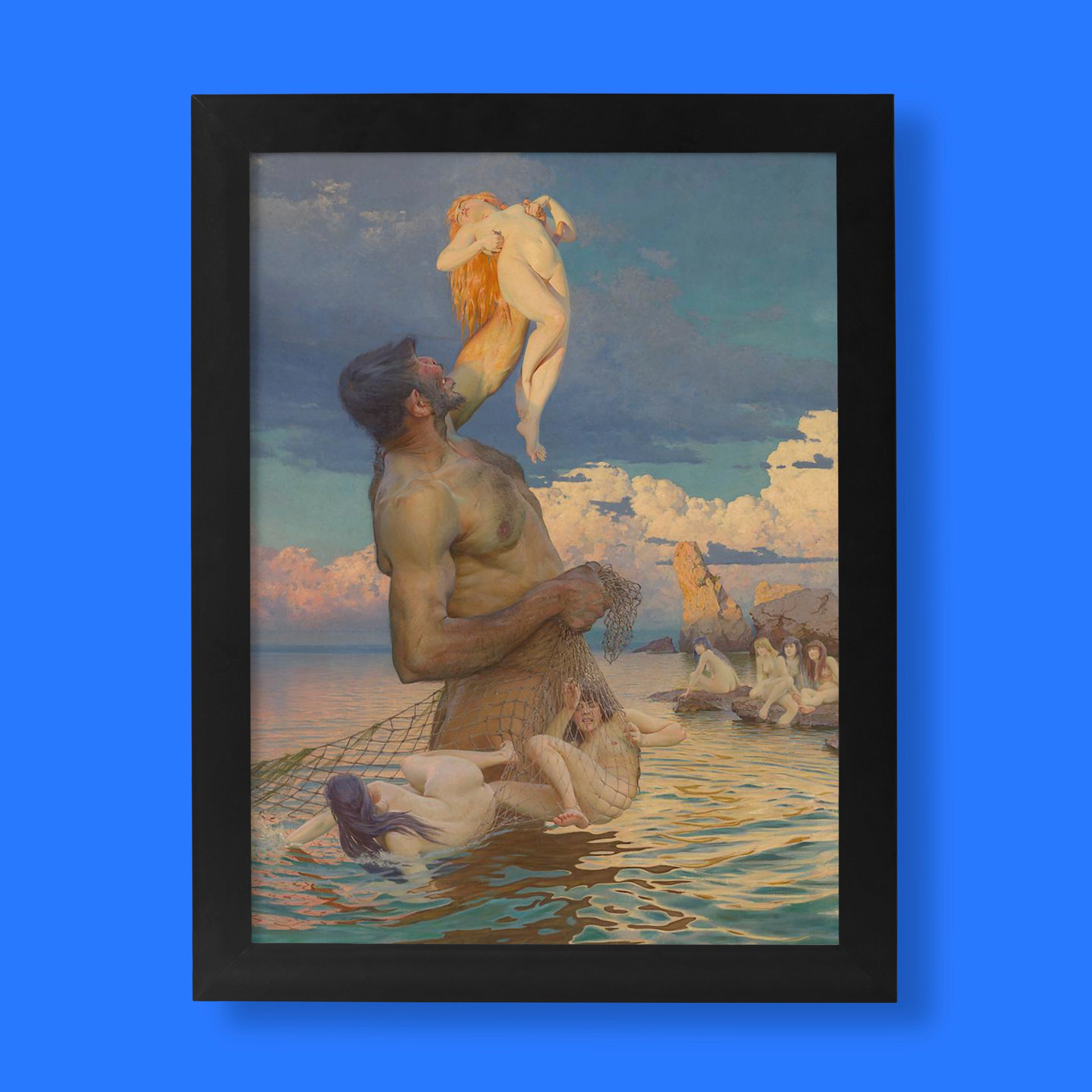 Max Pietschmann Polyphemus Fish Catch fine art print showing Cyclops catching nymphs in net, classical mythology wall art reproduction
