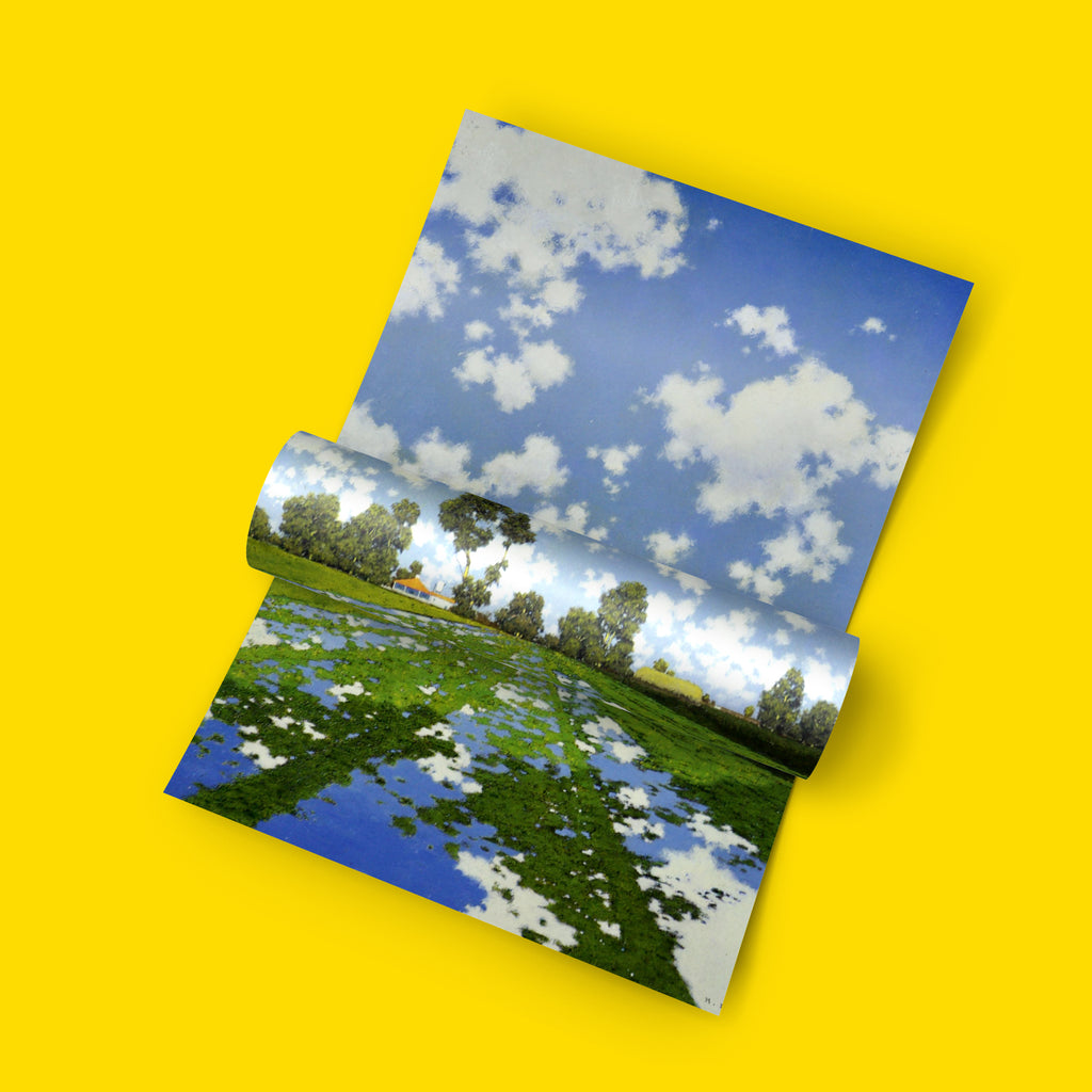 Early 20th century American landscape painting print by Maxfield Parrish showing lush green alfalfa fields and water channels reflecting the sky, painted during his 1902 Arizona trip for Century Magazine