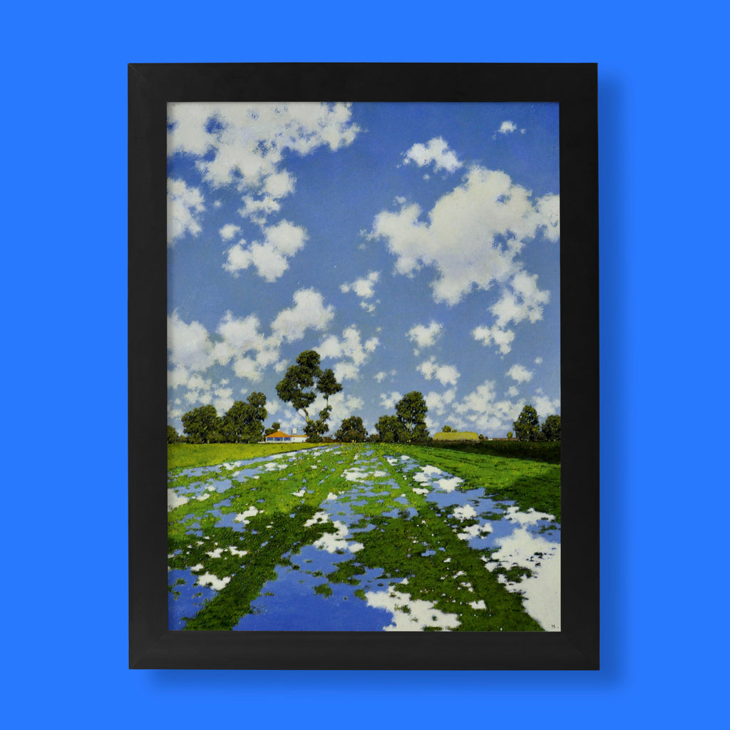 Maxfield Parrish Water Let in on a Field of Alfalfa fine art print showing a vivid green irrigated field reflecting a blue Arizona sky with cumulus clouds