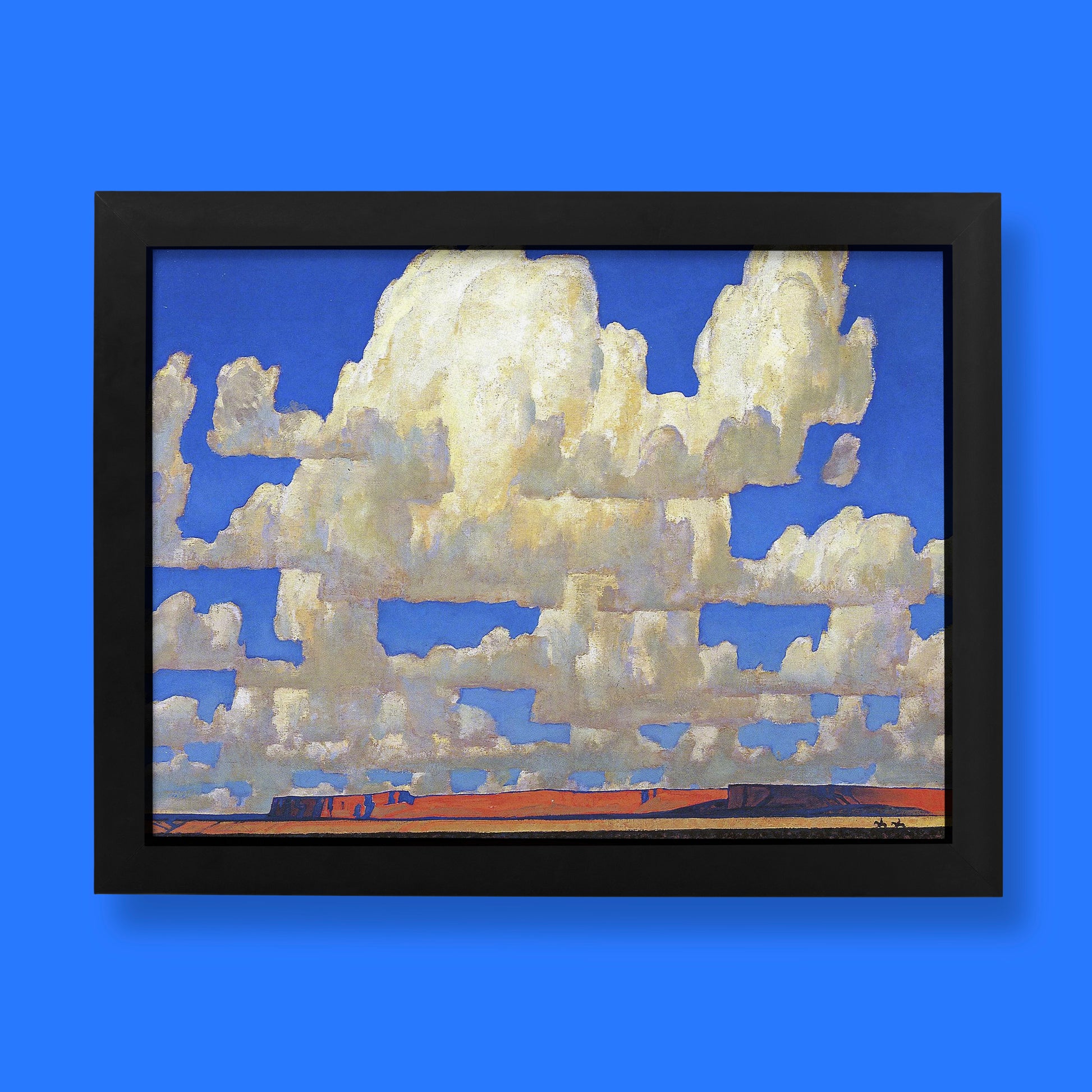 A high-quality Maynard Dixon Cloud World fine art print featuring towering white clouds over an orange desert landscape.