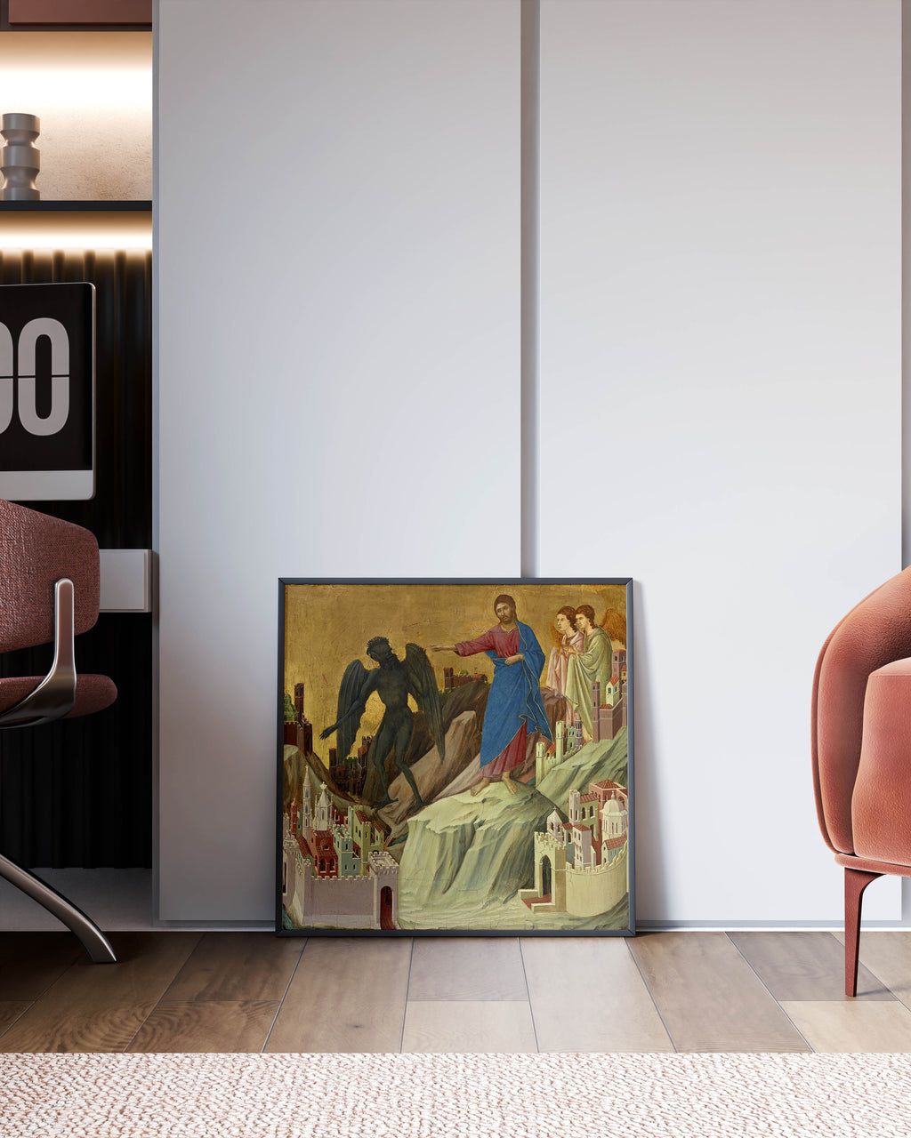 Premium fine art poster of Duccio di Buoninsegna's Temptation of Christ on the Mountain from Frick Collection featuring tempera and gold on panel Gothic style painting