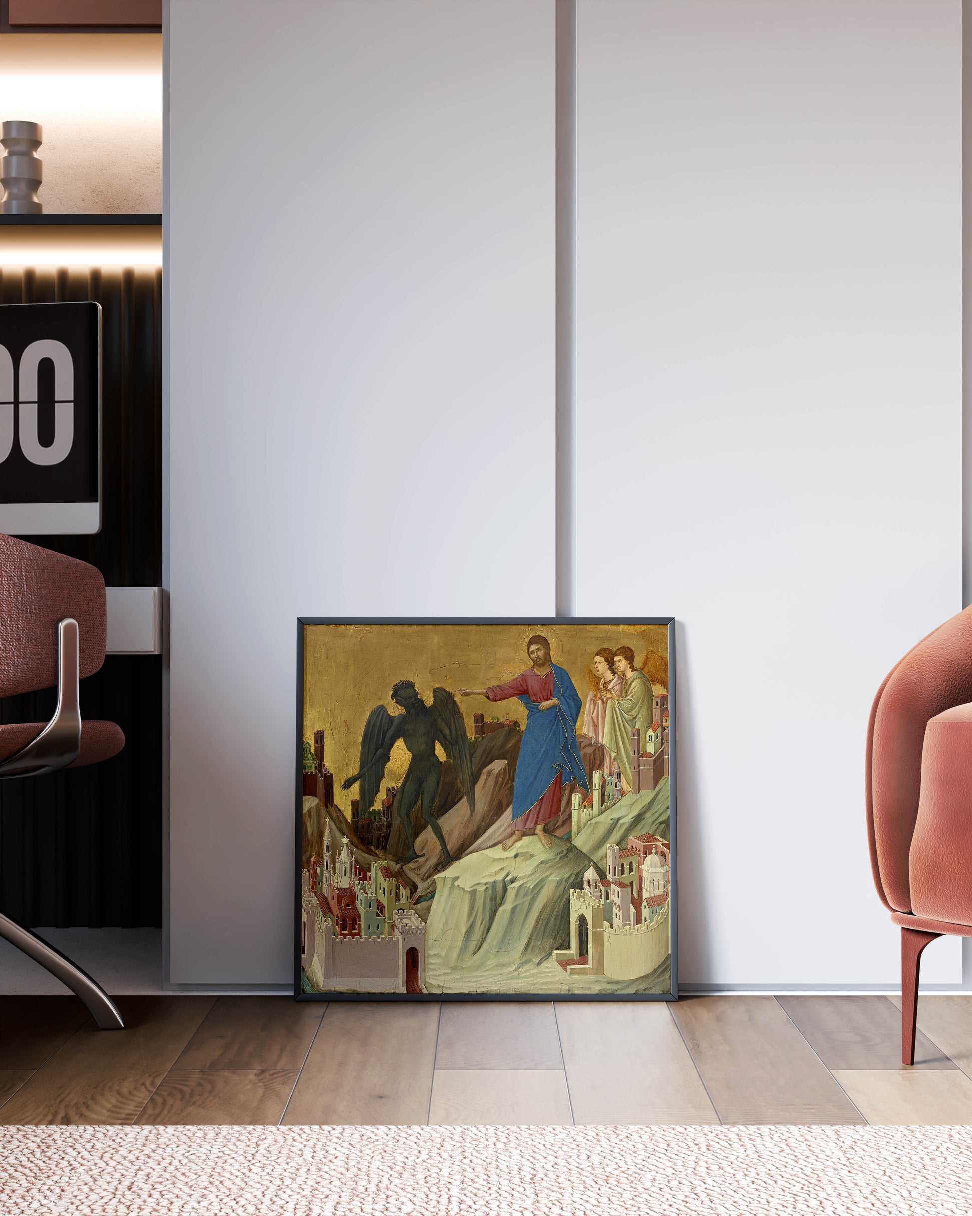 Premium fine art poster of Duccio di Buoninsegna's Temptation of Christ on the Mountain from Frick Collection featuring tempera and gold on panel Gothic style painting