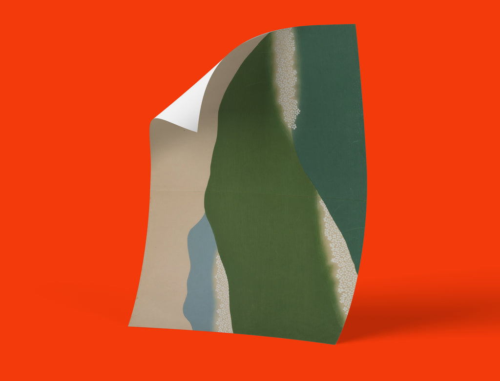 Meiji era Kamisaka Sekka decorative art print, authentic Japanese landscape wall hanging with layered mountains and white flowers, museum quality giclée reproduction