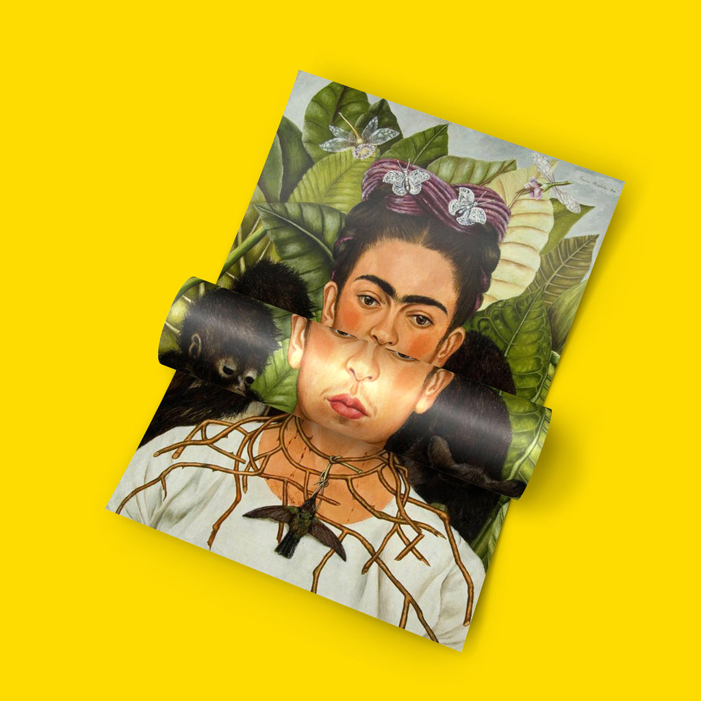 High quality giclée art print of Frida Kahlo self-portrait with animals and tropical leaves, museum quality wall art