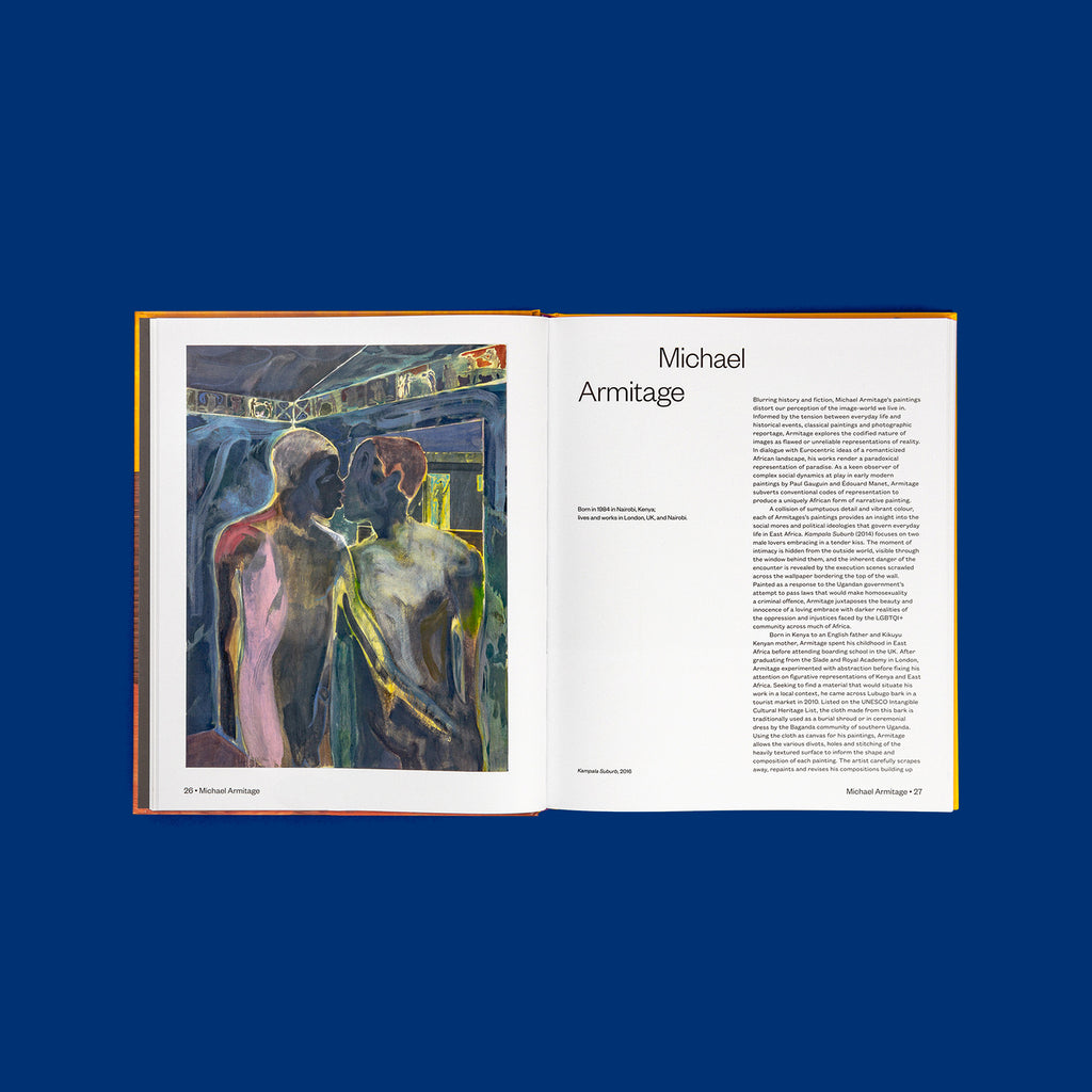 An interior view of the hardcover book, showing a detailed painting by Michael Armitage and the chapter title.