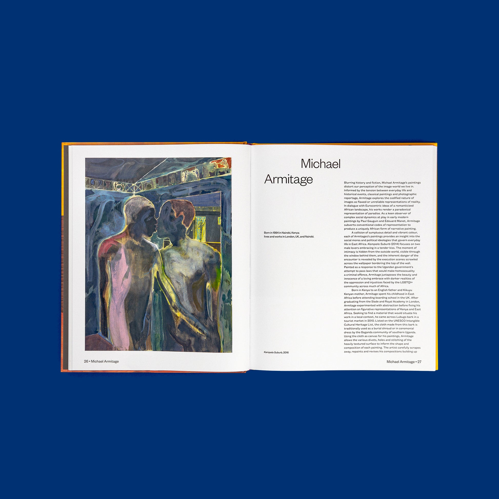 An interior view of the hardcover book, showing a detailed painting by Michael Armitage and the chapter title.